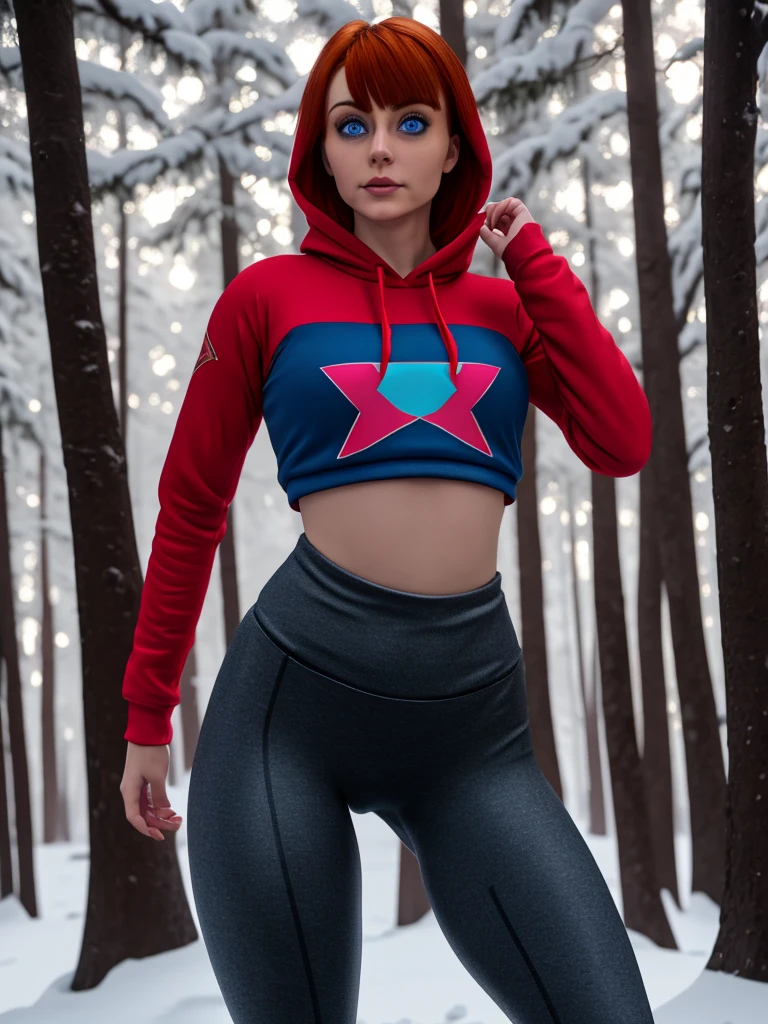 Joanna,short hair,blue eyes,red hair,woman, wearing leggings and crop top hoodie, cameltoe, thigh gap, detailed  eyes, in a snowy forest, seductive, alluring, best quality masterpiece, detailed, 8k, HDR, shallow depth of field, broad light, high contrast, backlighting, bloom, light sparkles, chromatic aberration, smooth, sharp focus