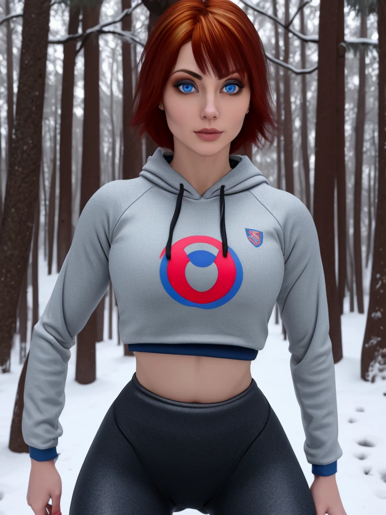 Joanna,short hair,blue eyes,red hair,woman, wearing leggings and crop top hoodie, cameltoe, thigh gap, detailed  eyes, in a snowy forest, seductive, alluring, best quality masterpiece, detailed, 8k, HDR, shallow depth of field, broad light, high contrast, backlighting, bloom, light sparkles, chromatic aberration, smooth, sharp focus