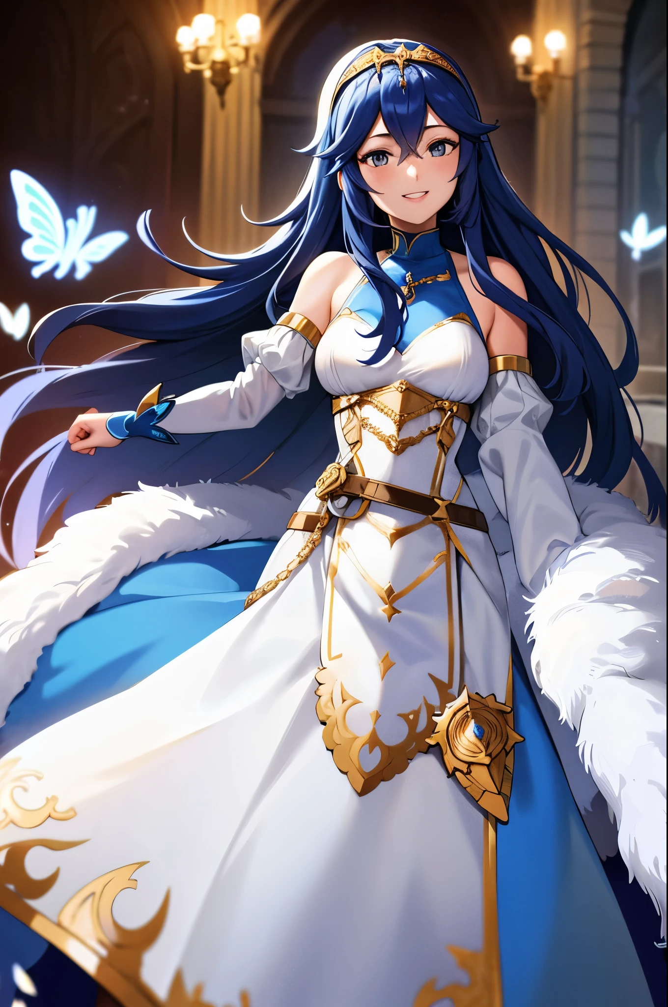 exLucy, tiara, white dress, detached sleeves, blue cape, fur trim, big happy smile, swarm of blue butterflies