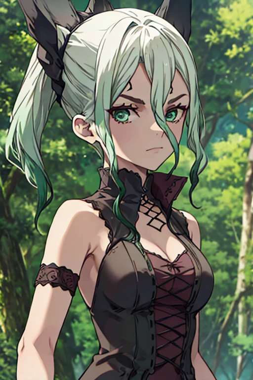 A gray haired young woman with green eyes is posing in a gothic dress