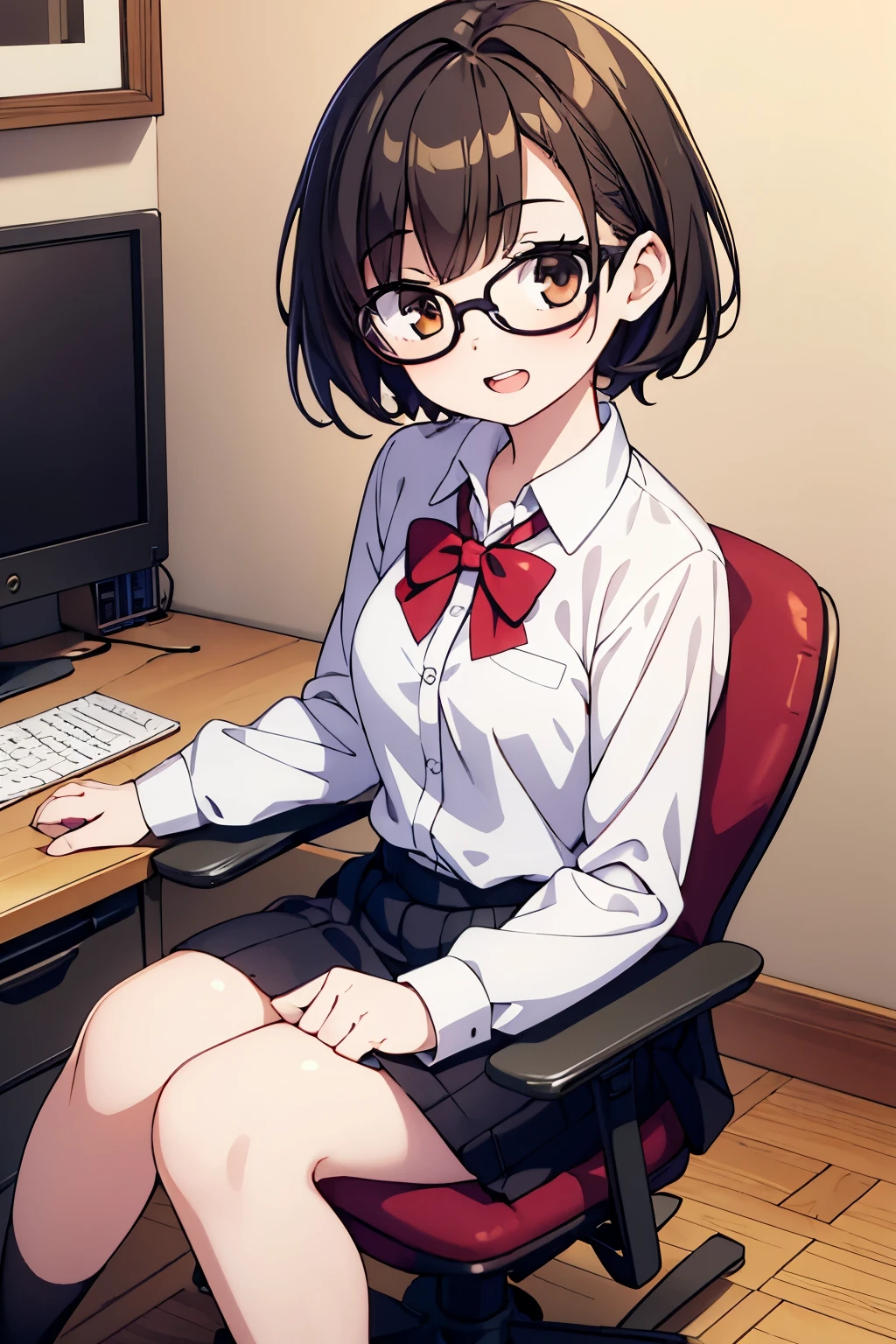 masterpiece, high-quality, 1girl, pale skin, happy expression, glasses, young, short black hair, brown eyes, freckles, braces on teeth, cute, secretary outfit, sitting at desk