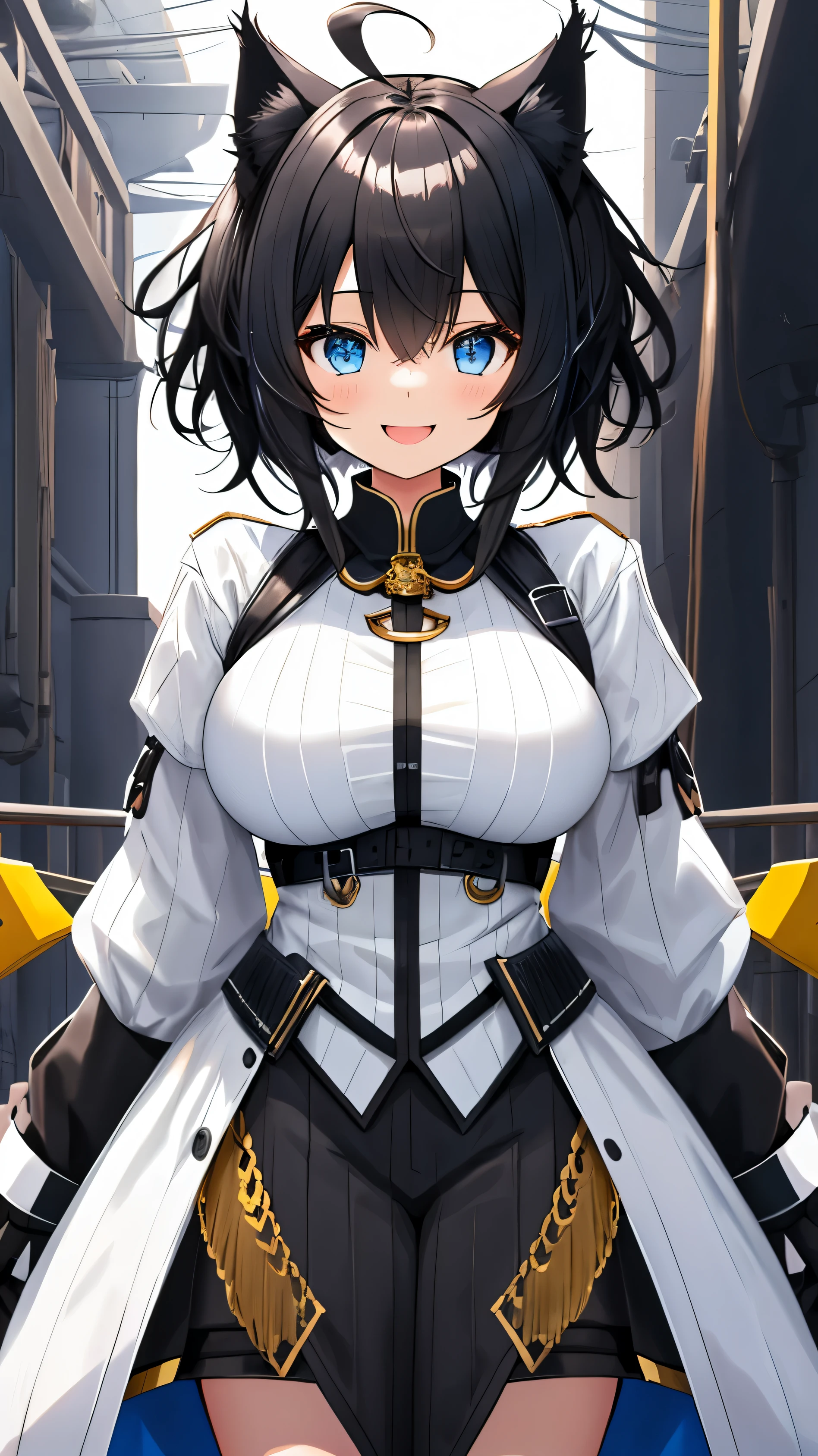 On the wrap,((((upright)))), ((((stand up)))), looking at the viewer, simple background、white background, 1 girl, open your mouth, smile, Virtual YouTuber、with a girl、((highest quality, expensive_solve, clear_image)),(black hair), (black cat ears), (Ahoge), (Ridiculously short hair), (wavy hair), (blue eyes),、laughter、very big breasts、((concept art))、((front))、black medieval military uniform