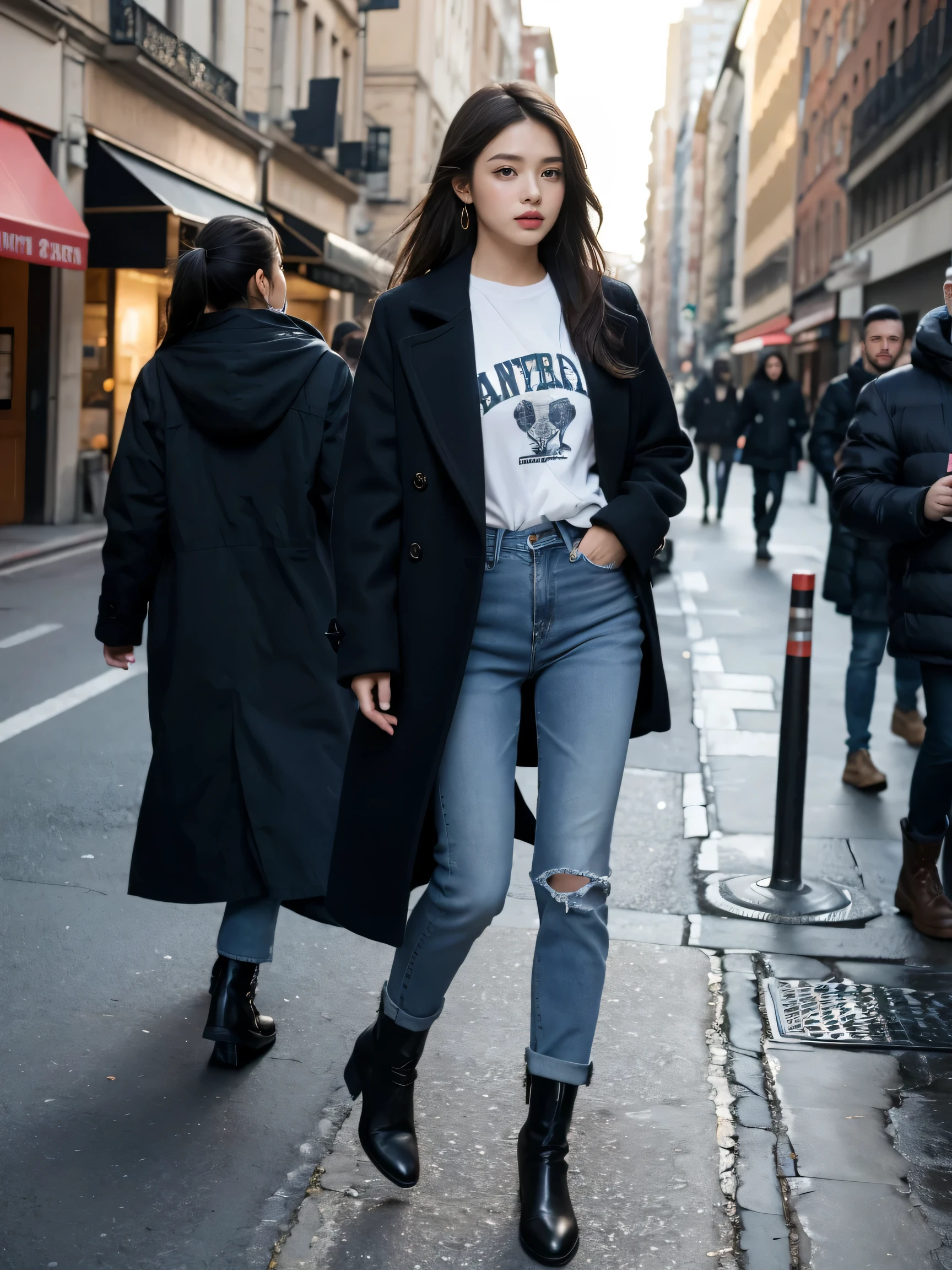 best quality,masterpiece,ultra high resolution,(actual:1.4),original photo,ultra high definition,8K,there is a girl,fashionable clothes,coat,jeans,boots,whole body