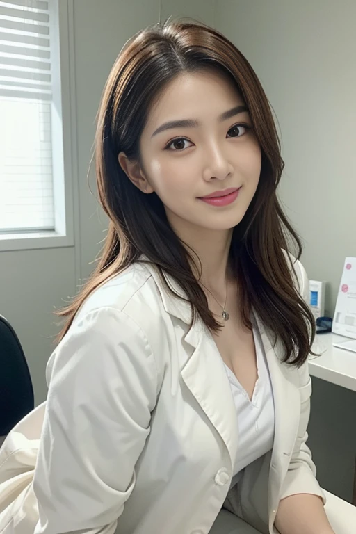 ((she is a doctor:1.1)), ((big tits:1.1)), (Wearing a white Casey-type lab coat in the examination room:1.3), (doctor in a white lab coat:1.1), (Doctor's attire), masutepiece, Best Quality, Ultra-detailed, finely detail, hight resolution, 8K Wallpaper, Perfect dynamic composition, Beautiful detailed eyes, mid-chest, Natural Color Lip, Random and sexy poses, Smile,28 years beautiful women, Examination room, stethoscope, Ultra-realistic capture, Highly detailed, High resolution 16k close-up of human skin. Skin texture must be natural, With such detail that pores can be finely identified. Skin should look healthy, In a uniform tone. Use natural light and color、a Japanese actress in her 28s with a bewitchingly beautiful appearance、