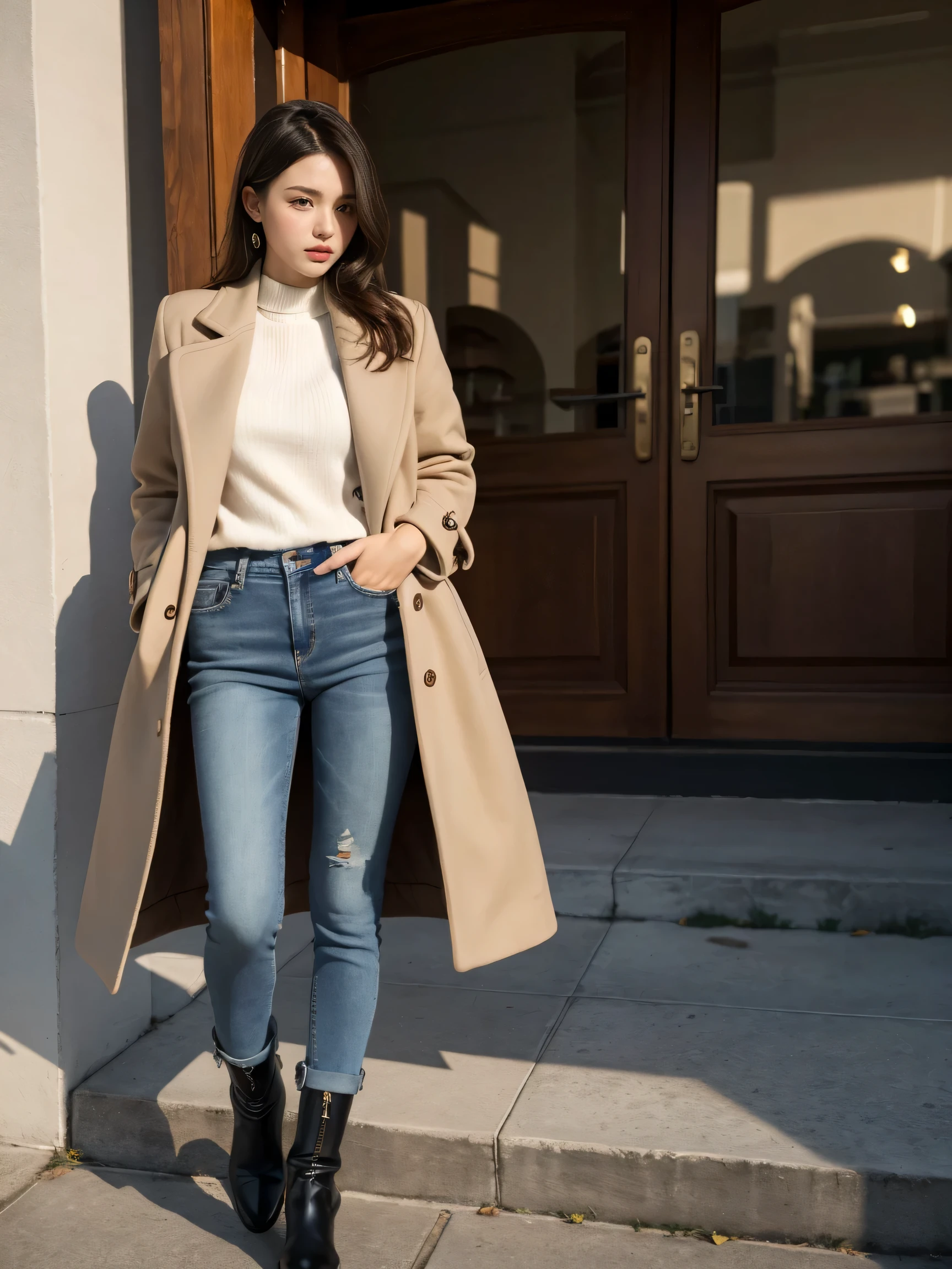 best quality,masterpiece,ultra high resolution,(actual:1.4),original photo,ultra high definition,8K,there is a girl,fashionable clothes,coat,jeans,boots,whole body