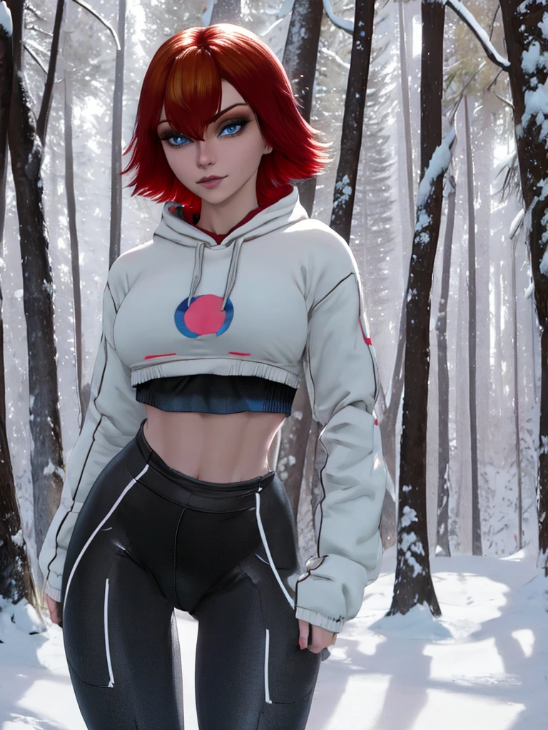 Joanna,short hair,blue eyes,red hair,woman, wearing leggings and crop top hoodie, cameltoe, thigh gap, detailed  eyes, in a snowy forest, seductive, alluring, best quality masterpiece, detailed, 8k, HDR, shallow depth of field, broad light, high contrast, backlighting, bloom, light sparkles, chromatic aberration, smooth, sharp focus