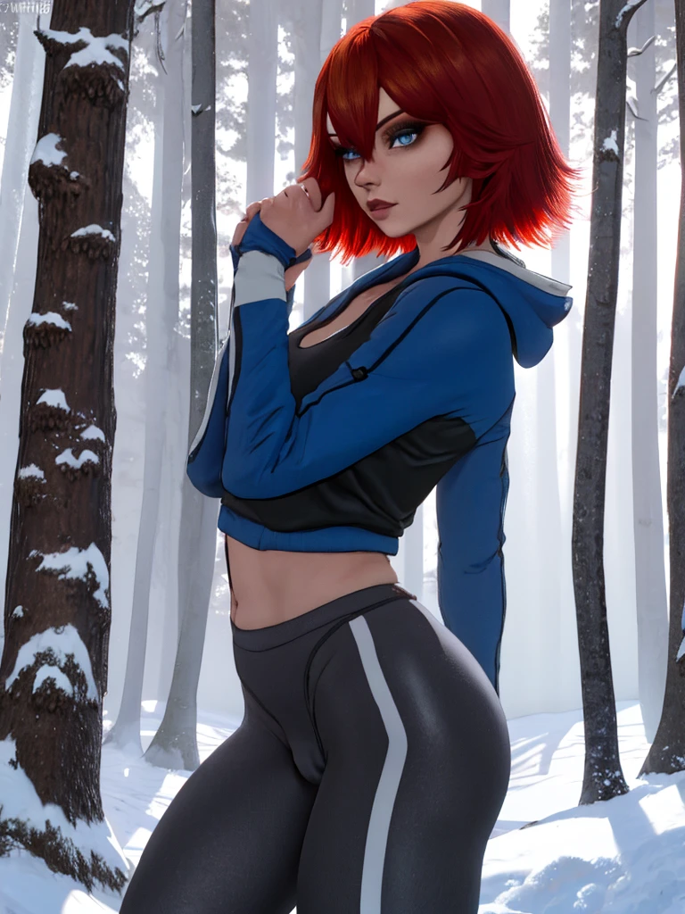 Joanna,short hair,blue eyes,red hair,woman, wearing leggings and crop top hoodie, cameltoe, thigh gap, detailed  eyes, in a snowy forest, seductive, alluring, best quality masterpiece, detailed, 8k, HDR, shallow depth of field, broad light, high contrast, backlighting, bloom, light sparkles, chromatic aberration, smooth, sharp focus