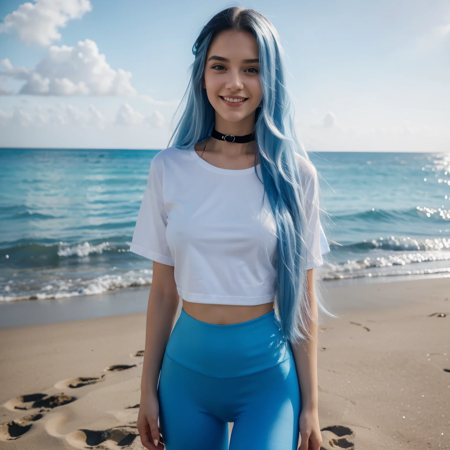 Beautiful girl, photo realistic, 20 years old, full body, european woman, black choker, close-up on half of his body, no bra under the t-shirt, white t-shirt, big smile, long blue hair, sky blue hair, legging, in front of the beach, without his hands