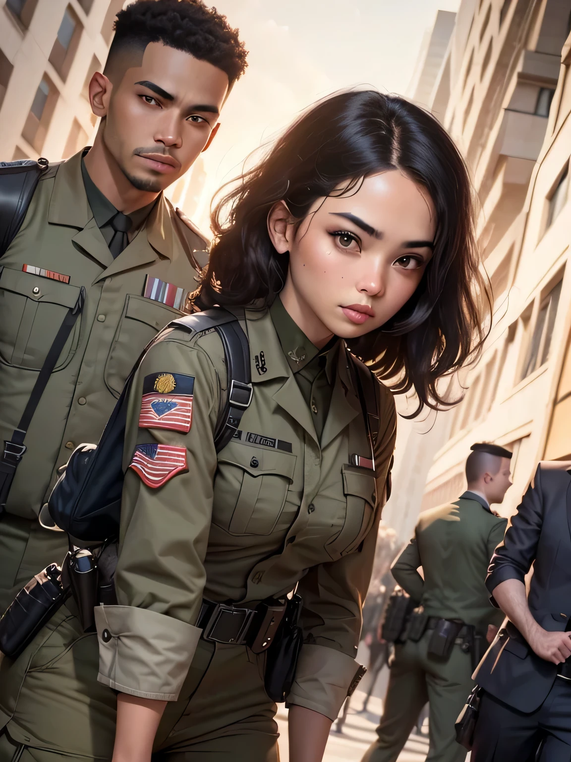 civilian defense service, racially ambiguous partners, safety, war, end of days, success, liberty, hero, pride, joy, bravery, courage, high esteem, love, civilian clothing, tactical chic, well dressed