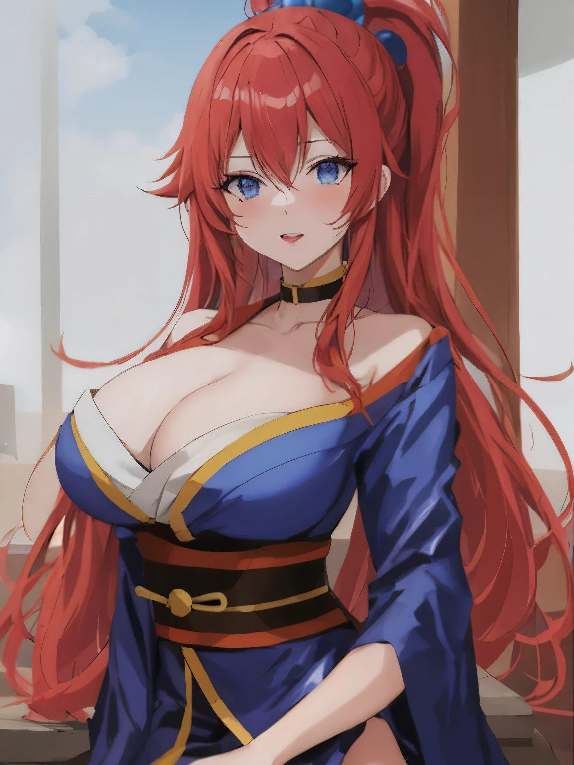 Chica anime con cabello RED, RED HAIR, RED HAIR, RED HAIR Y ojos azules con un traje rojo., aqua from Konosuba, Konosuba, Konosuba anime style, chica anime seductora, anime moe art style, from sengoku period, beautiful alluring mujer anime, onmyoji, mujer anime, Diosa del anime, [32k high definition]^10, en kimono, BIG TITS