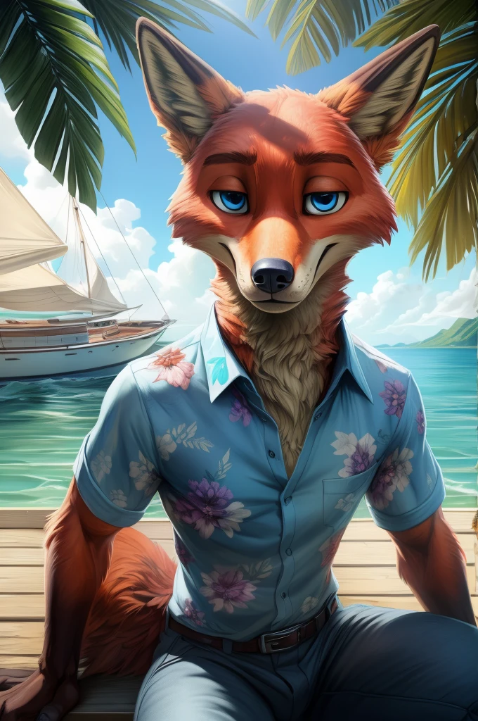 uploaded on e621, (by Homogenousrule, by Wildering, by Foxovh, by Catcouch), solo (((nick wilde), neck tuft, fluffy tail, blue eyes)), ((hree-quarter portrait)), ((wear blue hawaii floral shirt with grey blue pants)), BREAK ((sitting at island with plant and water on sunny day, white boat, beverage)), (detailed background, depth of field, half body shadow, sunlight, ambient light on the body), (intricate:0.7), (high detail:1.3), (unreal engine:1.3), (sharp focus:1.15), [explicit content, questionable content], (masterpiece, best quality, 4k, 2k, shaded, absurd res)

