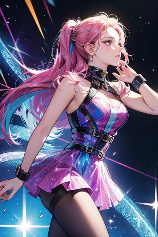 Mulher ninja com fone de ouvido sentido paz, olhos brilhantes com estrela, rosto bonito e peitos grandes, cores RGB, cabelo rosa brilhante, colorido anime, fundo brilhante, Banner for youtube video, menina feliz, nuvens com cores RGB, cores RGB brilhantes, completo, ser celestial, garota gamer. --auto