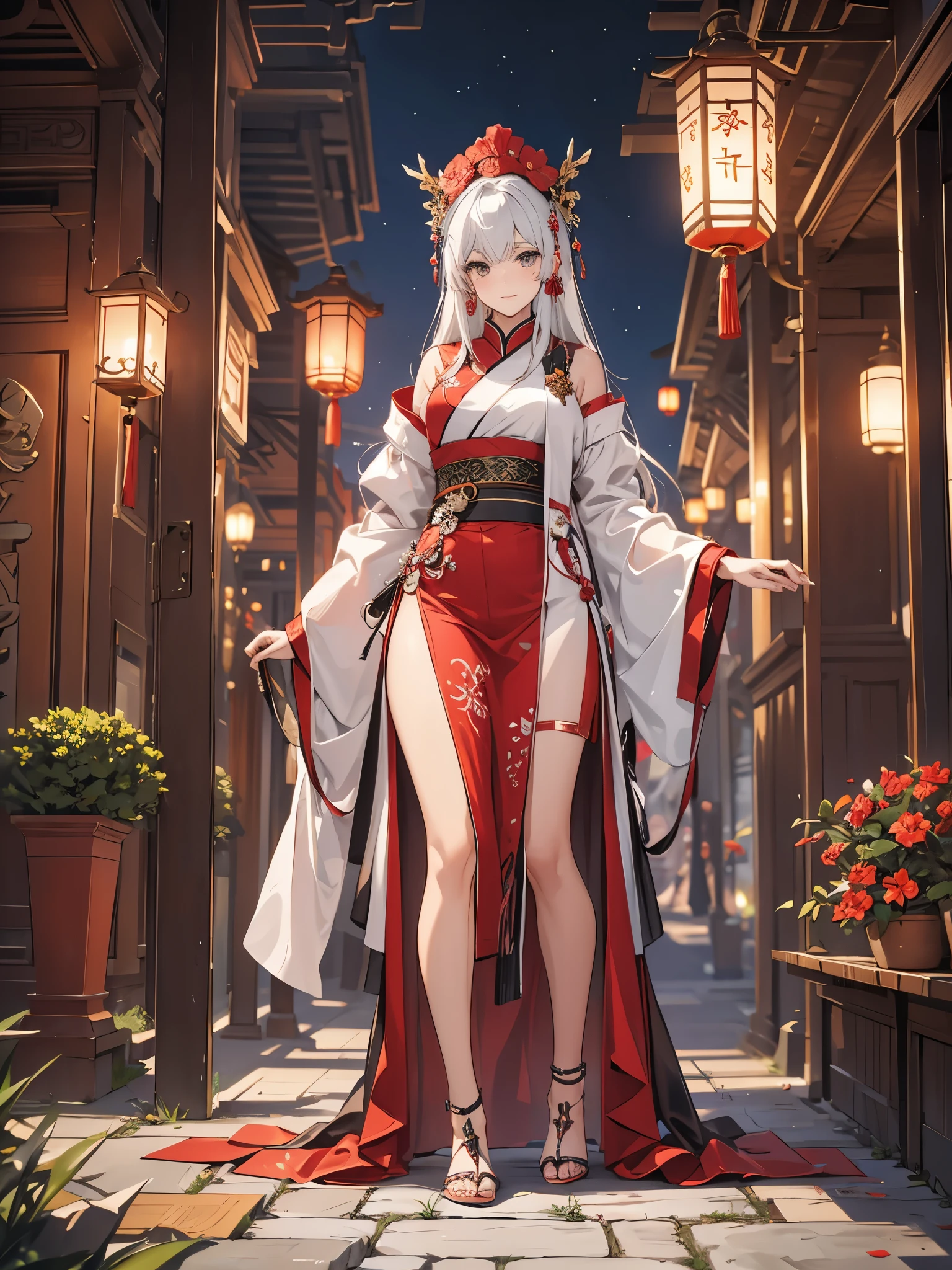 Masterpiece, Best, Night, Full Moon, 1 Female, Mature Woman, Chinese Style, Ancient China, Elder Sister, Royal Sister, Cold Face, Expressionless, Silver White Long Haired Woman, Light Pink Lips, Calm, Intellectual, Three Bangs, Gray Hitomi, Assassin, Long Sword, Swordsman, Fighting, Street View, Facial Details, big ass, full body