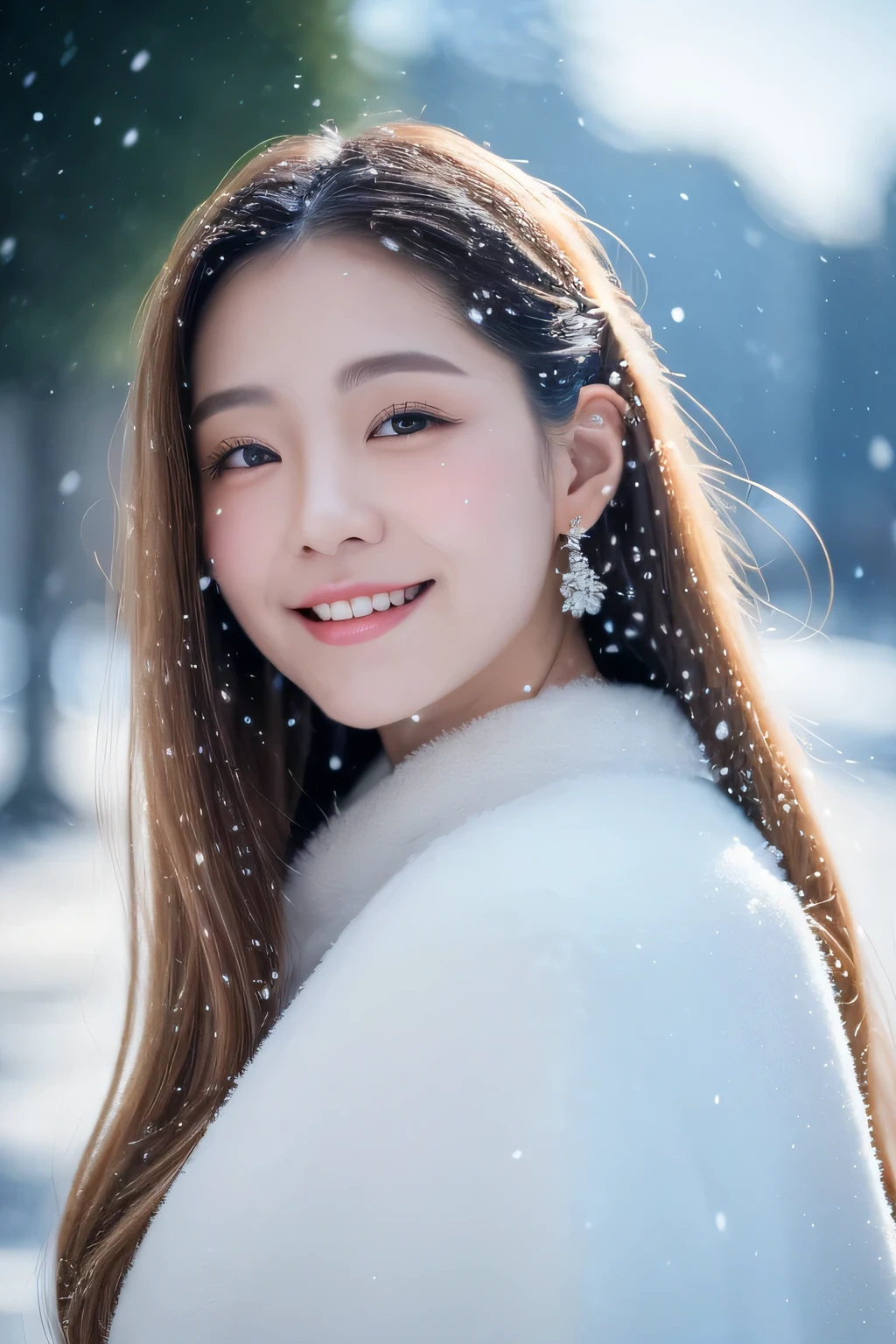 A woman in a white coat smiles while standing in the snow - SeaArt AI