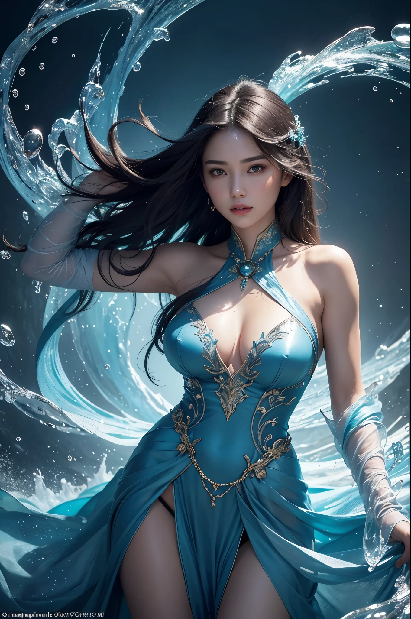 A 20-year-old female mage with water manipulation abilities stands as the centerpiece of a masterpiece. She is portrayed in a majestic pose, wearing a flowing goddess dress that accentuates her curves. With her beautifully detailed eyes sparkling with magic, she casts spells using her long, delicate fingers. Her luscious lips are parted slightly, emanating an air of power and confidence.
The mage's long legs are showcased elegantly, giving her a graceful stature. Her water magic is depicted with utmost realism, as she commands cascading waves and water droplets around her. The attention to detail in her magical abilities is awe-inspiring, with every movement and gesture meticulously rendered.
The image is of the highest quality, with a resolution of 4K or 8K, ensuring every intricate detail is displayed with clarity. The artist's skill shines through in the ultra-detailed rendering of the mage's features, capturing every subtle nuance in her expression and the folds of her dress.
The overall style of the artwork is realistic, providing a photorealistic quality that captivates the viewer. The colors used are stunning and vibrant, creating a palette that ranges from deep blues to brilliant aquamarines. The lighting in the scene is carefully crafted to enhance the magical ambiance, with soft, ethereal glows illuminating the mage and her surroundings.
There are no text or watermarks present in the image, allowing the audience to fully immerse themselves in the beauty of the mage and her magical abilities. The scene evokes a sense of wonder and awe, showcasing the artist's professional mastery in creating a truly captivating artwork.