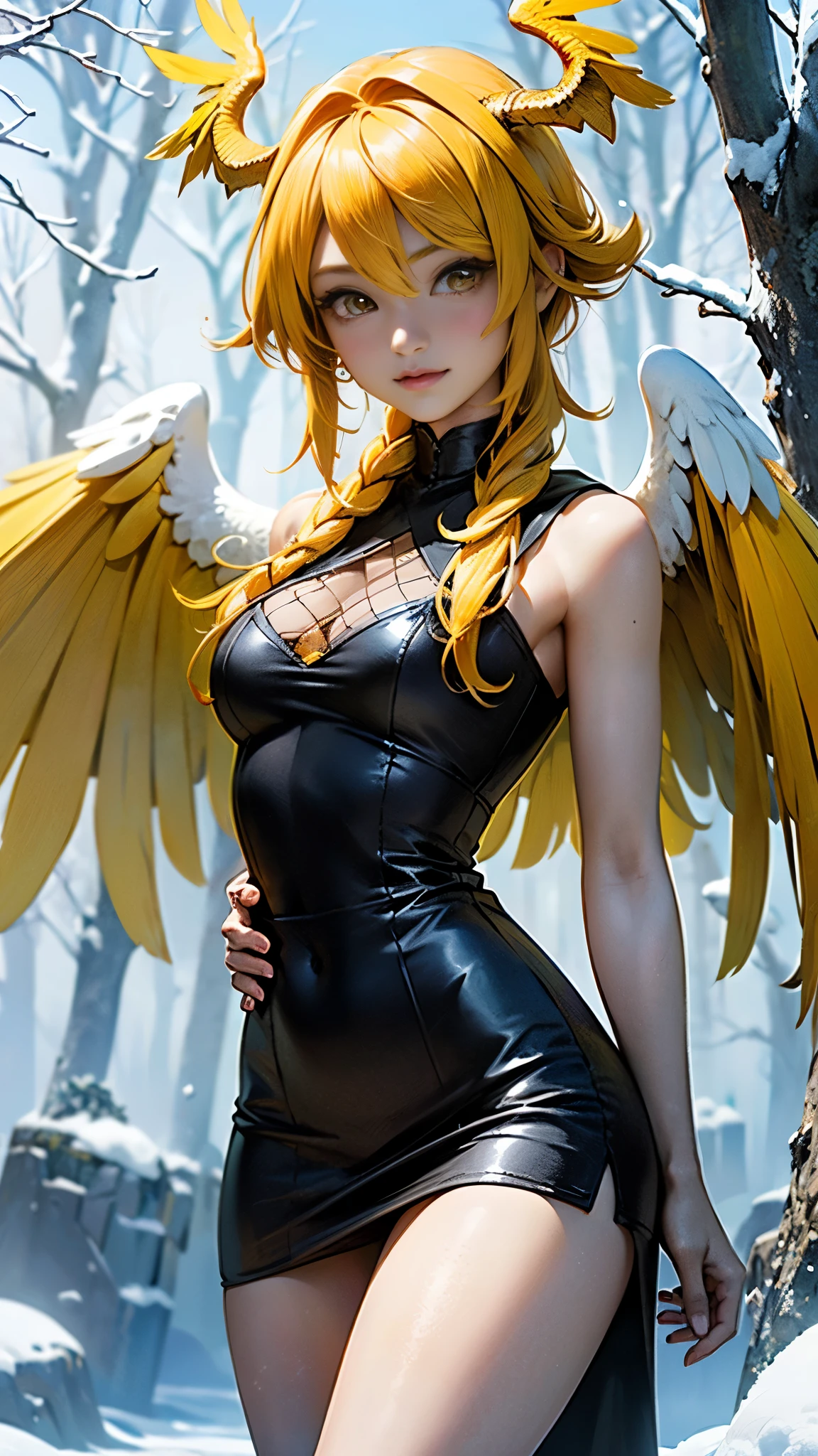 Fondo de pantalla CG Unity 8k altamente detallado, With the highest quality, obra maestra, Realista, fotos realistas, Sharp focus：1.2、Estilo perfecto,Ariana  Grande demon amarillo, (extremely lindo and beautiful demon amarillo haired chica:1.4),(pechos grandes:1.4),(short amarillo hair:1.35,golpes,pelo interior coloreado,ear breathing),(hermosos ojos azules),(piel brillante:1.5,piel bronceada,piel brillante:1.5,latex plumas,(amarillo theme:1.2),(amarillo tone:1.2),tono negro,((Ombligo)), ((snowy amarillo:1.5)),invierno,escenario:1.25,((intrincado escenario)),((snowy forest background frozen white trees:1.4)),white tree, (Perfect anatomy ),(cabello amarillo corto:1.5), (plumas miniskirt amarillo:1.4) ,(seaArt 2.1) ,More detailed 8K.motor irreal:1.4,UHD,La mejor calidad:1.4, fotorrealista:1.4, textura de la piel:1.4, obra maestra:1.8,obra-prima, mejor calidad,objeto Objeto], (detailed face features:1.3),((Las proporciones correctas)),convexo，(Dedos de camello)，(fishnet:1.4), (yellow phoenix wings angel big:1.4), vestuario plumas amarillas, 