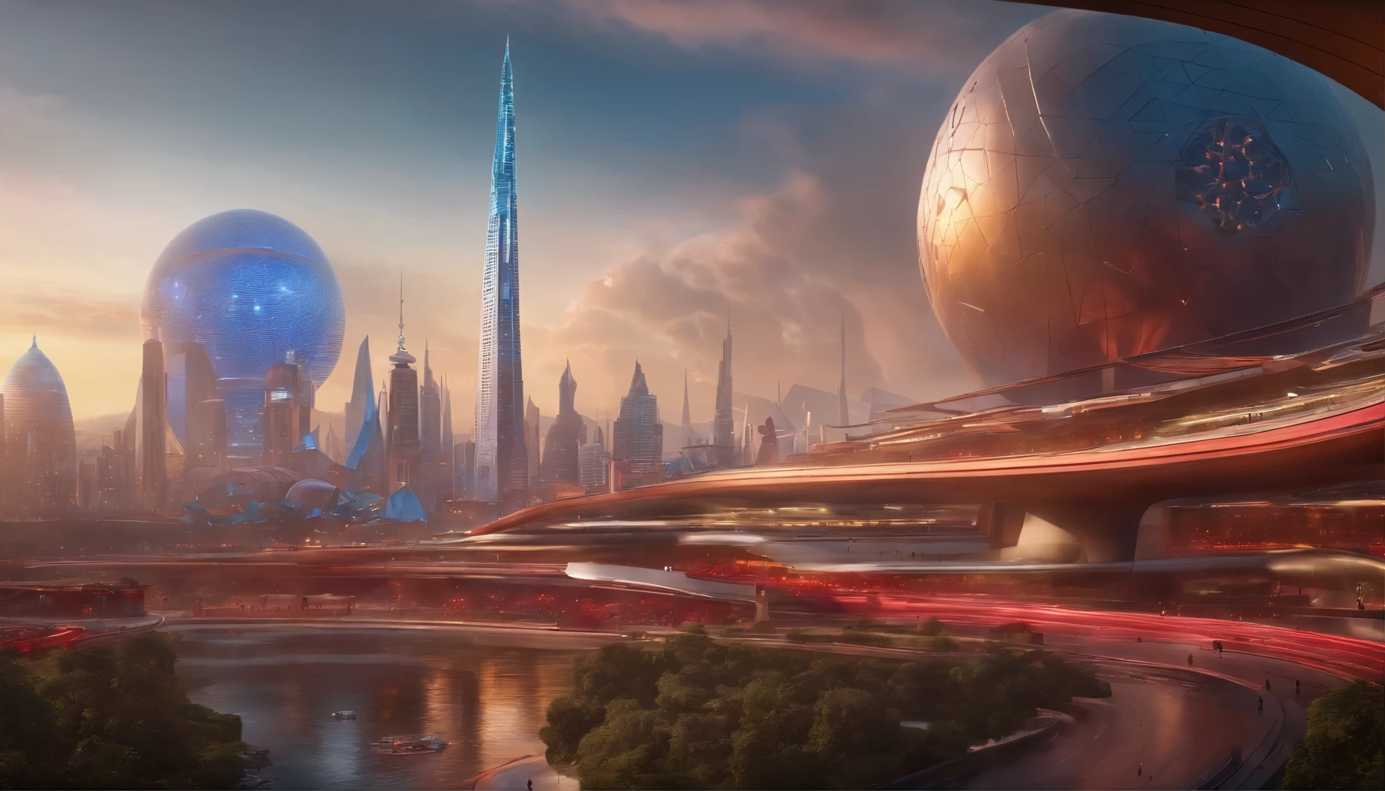 cyberpunked、、SFart by、epcot、top-quality、、masterpiece、epcot、Skyscrapers tower over、Rows of glass-walled skyscrapers、StarWars、Fantasia、Beautiful city、planet earth、Space City、8K, quartzo de cristal red color gigante, uhd