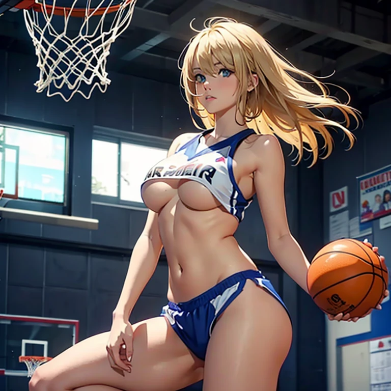 Chica rubia desnuda,pelo muy largo jugando basquetbol