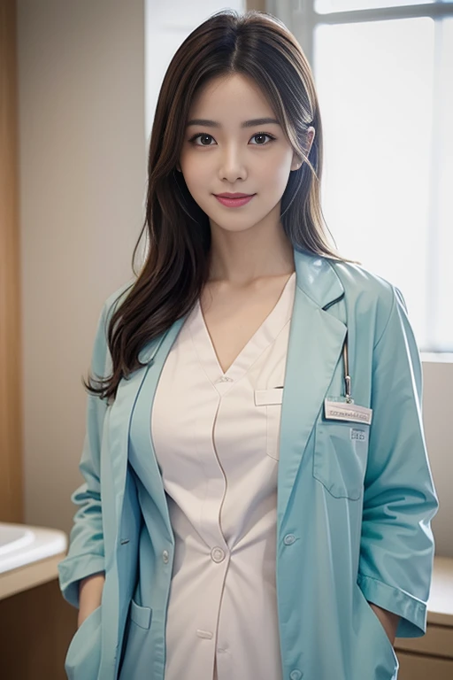 ((she is a doctor:1.1)), ((big tits:1.1)), ((Wearing a white Casey-type lab coat over a scrub suit in the exam room:1.3)), (doctor in a white lab coat:1.1), (Doctor's attire), masutepiece, Best Quality, Ultra-detailed, finely detail, hight resolution, 8K Wallpaper, Perfect dynamic composition, Beautiful detailed eyes, mid-chest, Natural Color Lip, Random and sexy poses, Smile,28 years beautiful women, Examination room, stethoscope, Ultra-realistic capture, Highly detailed, High resolution 16k close-up of human skin. Skin texture must be natural, With such detail that pores can be finely identified. Skin should look healthy, In a uniform tone. Use natural light and color、a Japanese actress in her 28s with a bewitchingly beautiful appearance、