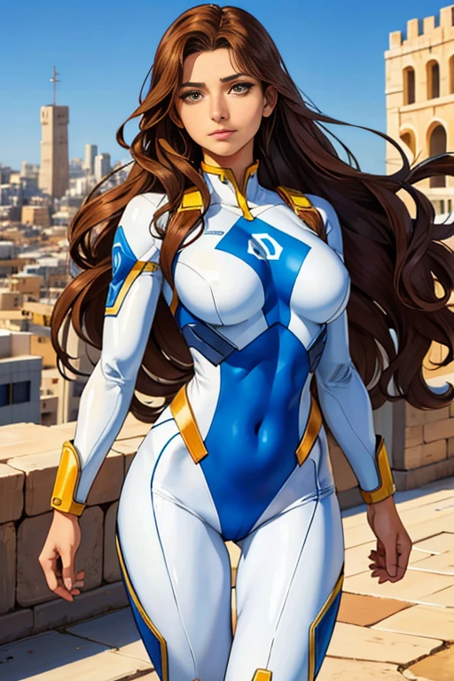 Israeli Woman israel superhero suit israel clothing white and blue clothes Flag of israel long brown wavy hair olive skin dark yellow eyes jerusalem in background