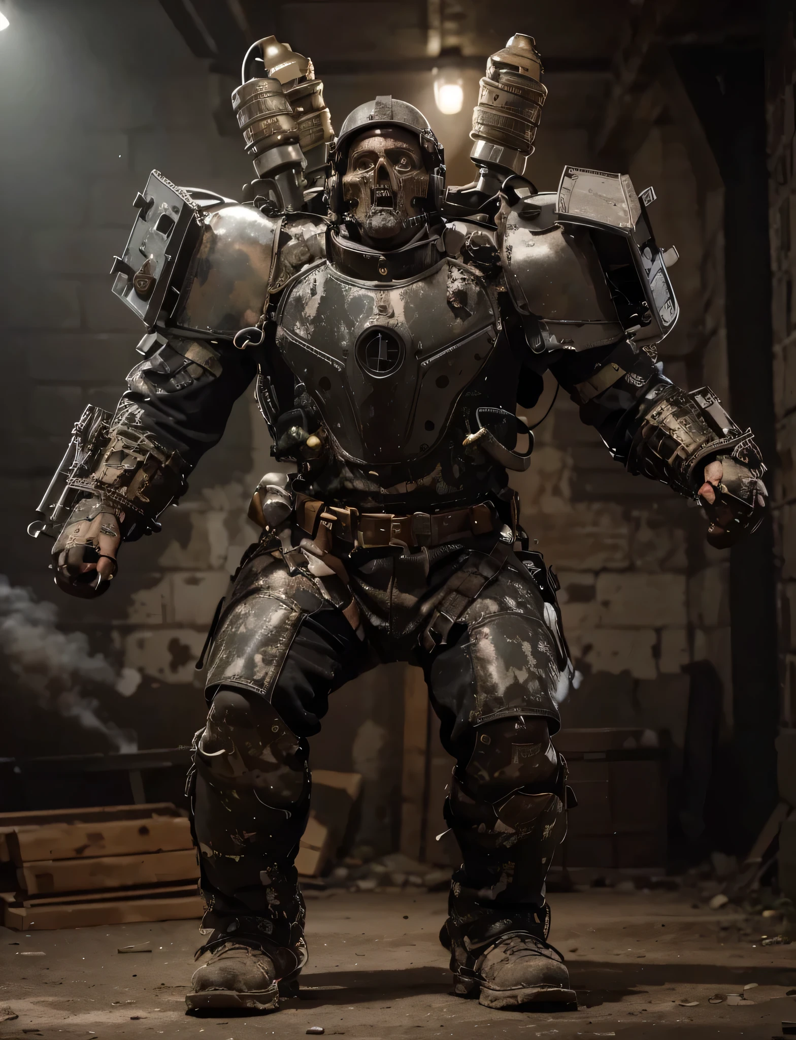 Soldado masculino, Face of a dead German zombie man., WWII German style gray metal helmet, German style heavy armor WWII dieselpunk style, Tubos y cables, metal iron shoulder pads, Cofre de metal, Belt with ammunition, It is outside Wolfestein Castle, Luz de noche, mucho fuego y humo, ultra detallado, hyper Realista, 4k, ultra detallado image, Realista, muy detallado, perfect composition, gorgeous, Intrincadamente detallado, incredibly detailed, 8 k artistic photography, hiper detallado, obra maestra , ultra detallado, hyper Realista, 4k, ultra detallado image, Realista, muy detallado, perfect composition, gorgeous, Intrincadamente detallado, incredibly detailed, 8 k artistic photography, hiper detallado, obra maestra