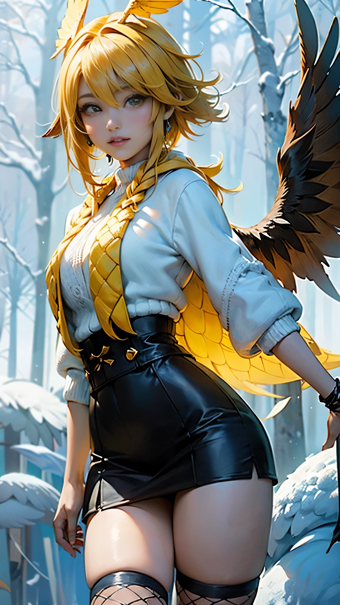 Fondo de pantalla CG Unity 8k altamente detallado, With the highest quality, obra maestra, Realista, fotos realistas, Sharp focus：1.2、Estilo perfecto,Ariana  Grande demon amarillo, (extremely lindo and beautiful demon amarillo haired chica:1.4),(pechos grandes:1.4),(short amarillo hair:1.35,golpes,pelo interior coloreado,ear breathing),(hermosos ojos azules),(piel brillante:1.5,piel bronceada,piel brillante:1.5,latex plumas,(amarillo theme:1.2),(amarillo tone:1.2),tono negro,((Ombligo)), ((snowy amarillo:1.5)),invierno,escenario:1.25,((intrincado escenario)),((snowy forest background frozen white trees:1.4)),white tree, (Perfect anatomy ),(cabello amarillo corto:1.5), (plumas miniskirt amarillo:1.4) ,(seaArt 2.1) ,More detailed 8K.motor irreal:1.4,UHD,La mejor calidad:1.4, fotorrealista:1.4, textura de la piel:1.4, obra maestra:1.8,obra-prima, mejor calidad,objeto Objeto], (detailed face features:1.3),((Las proporciones correctas)),convexo，(Dedos de camello)，(fishnet:1.4), (yellow phoenix wings angel big:1.4), vestuario plumas amarillas, 