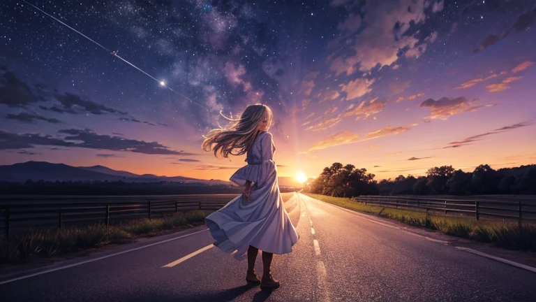 Night country road girl stroll moonlight
