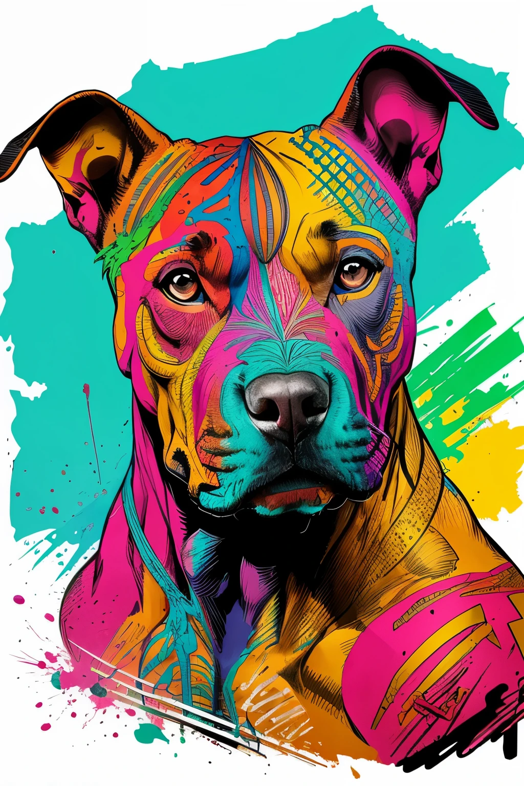 A muscular pitbull depicted in Pop Art style by the skilled hand of Carne Griffiths, high resolution and carefully detailed, with vibrant colors that pop, centered in the frame for a bold and striking presentation.