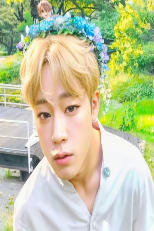 arafed boy with a wreath of flowers on his head, park Jimin, Jimin, Jimin\la nariz griega, Jimin\his right eyelid is swollen, Jimin\los labios carnosos, accurate Jimin face, hyung tae, TaeJune Kim, taken in the early 2020s, toru furuya, jungkook