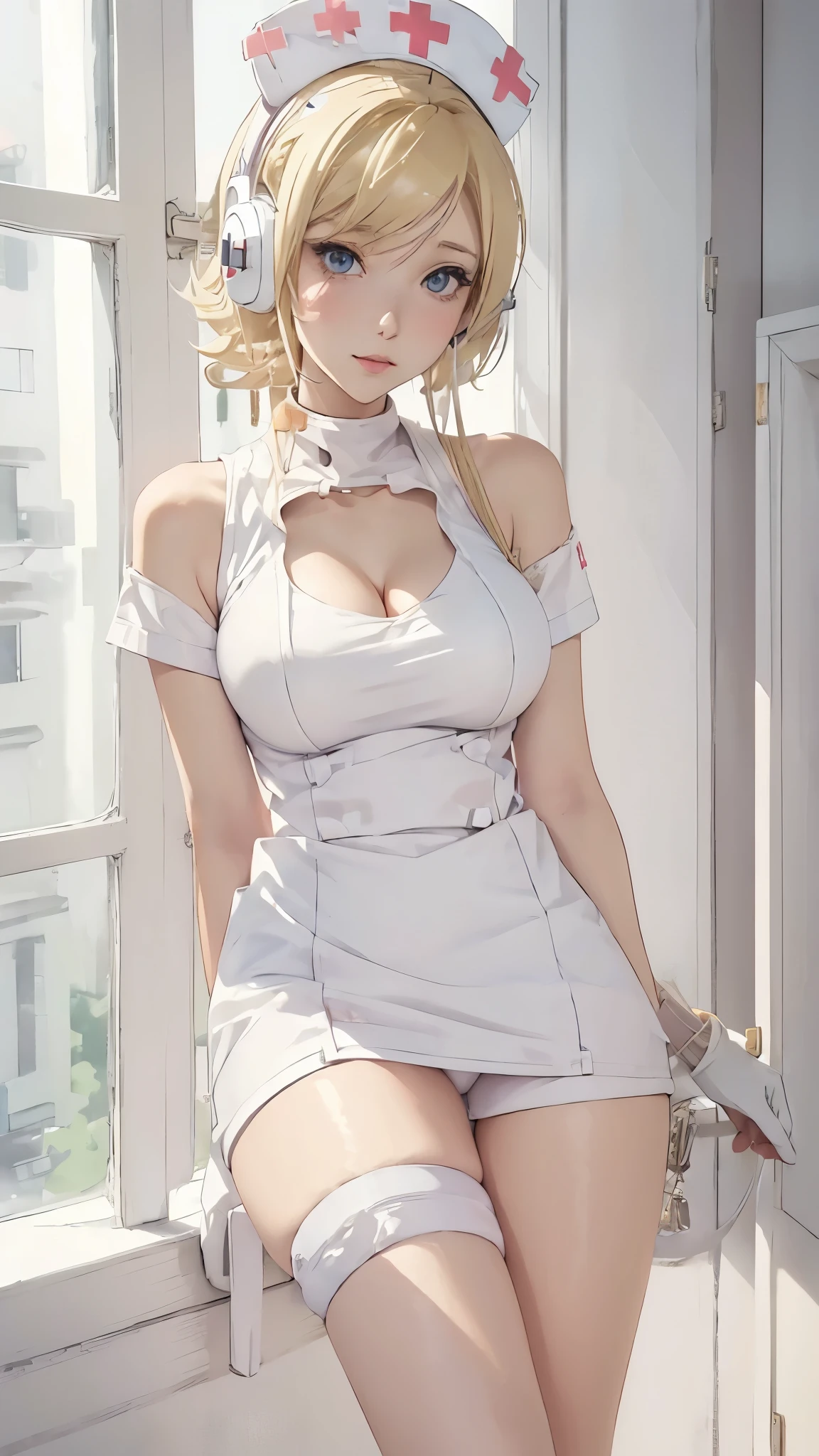 (((White Headphone))), (((Blonde))), (((Tall))), (((Slender))), (((Nurse))), cleavage, (((Beautiful face))), (((anime))), (((Pastel))), (((Beautiful Legs)))