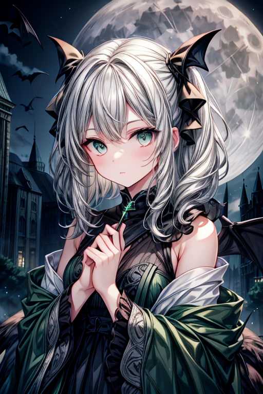 A gray haired young girl with green eyes is petting a bat in front of a full moon