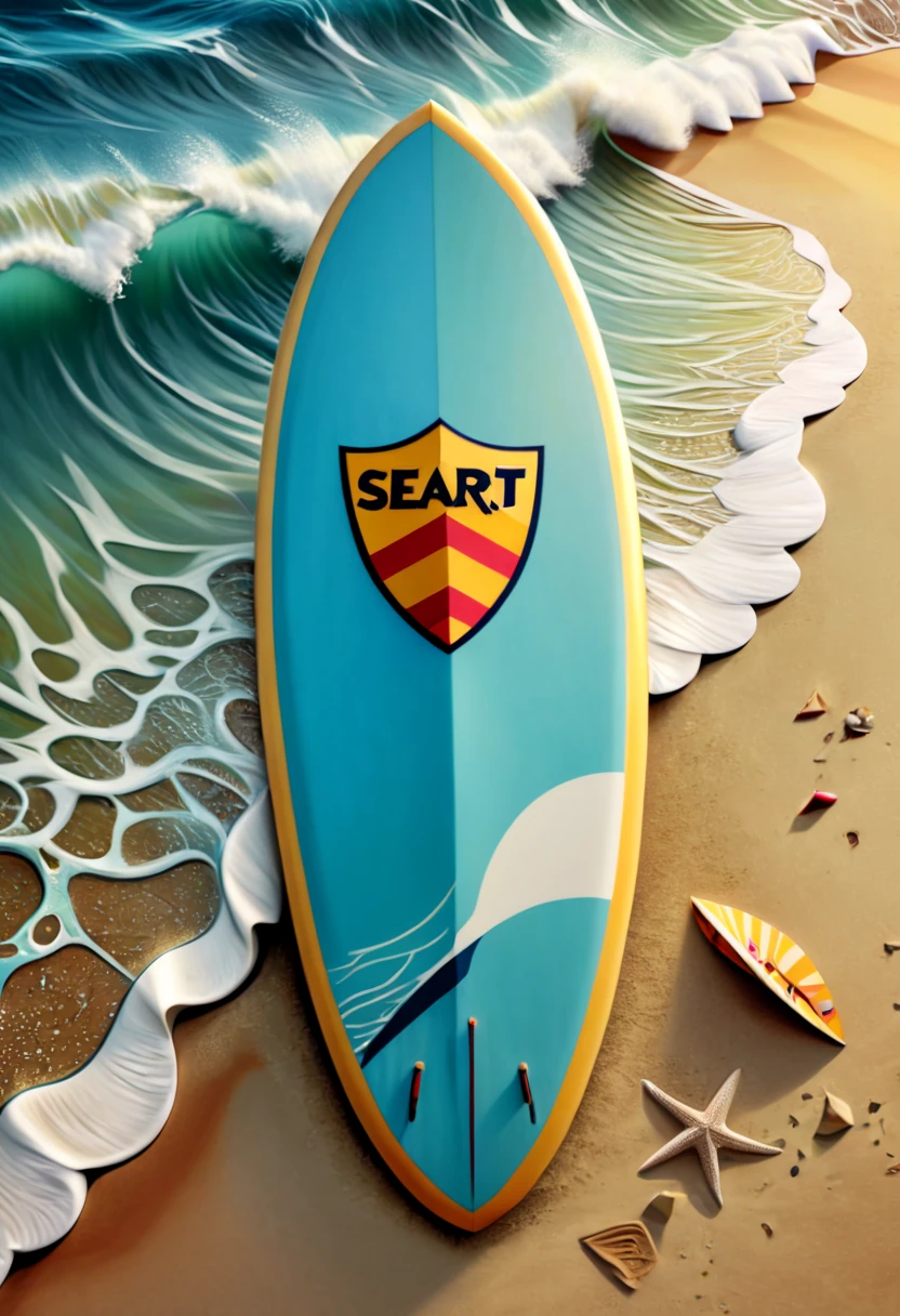 a surfboard with a shield drawn on the bottom where it says, "seaart". (best quality,4k,highres),zentangle art,surfboard,origami,a surfboard with a shield drawn on the bottom where it says, "seaart",detailed patterns,dark color palette,creative lighting,sharp focus,line art,fine details,vibrant colors,abstract representation,beach scene,water waves,summer vibes,relaxing atmosphere,crisp edges,artistic composition,contrast of textures,stylized elements,hand-drawn feel,natural elements,beautiful craftsmanship,impressive intricacy,unique design,inspired by nature,artistic expression,harmonious balance,wave-inspired motifs,abstract and symbolic elements, a surfboard with a shield drawn on the bottom where it says, "seaart"