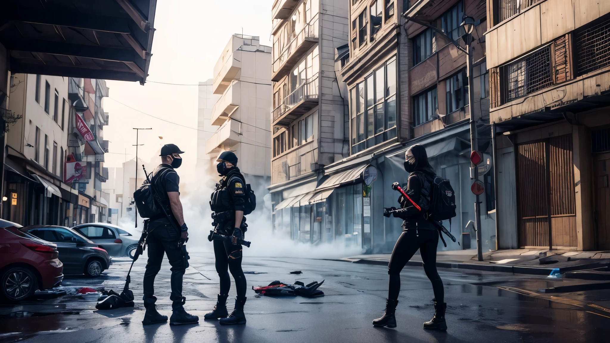 ((high quality)), ((masterpiece)), 8k, 2girls, bulletproof vest, light rays, extremely detailed CG unity 8k wallpaper, game cg, looking at viewer, gloves, boots, full body, watch, computer, mask, drone, holding weapon, headphones, jacket, (background destroyed city , explosion , smoke