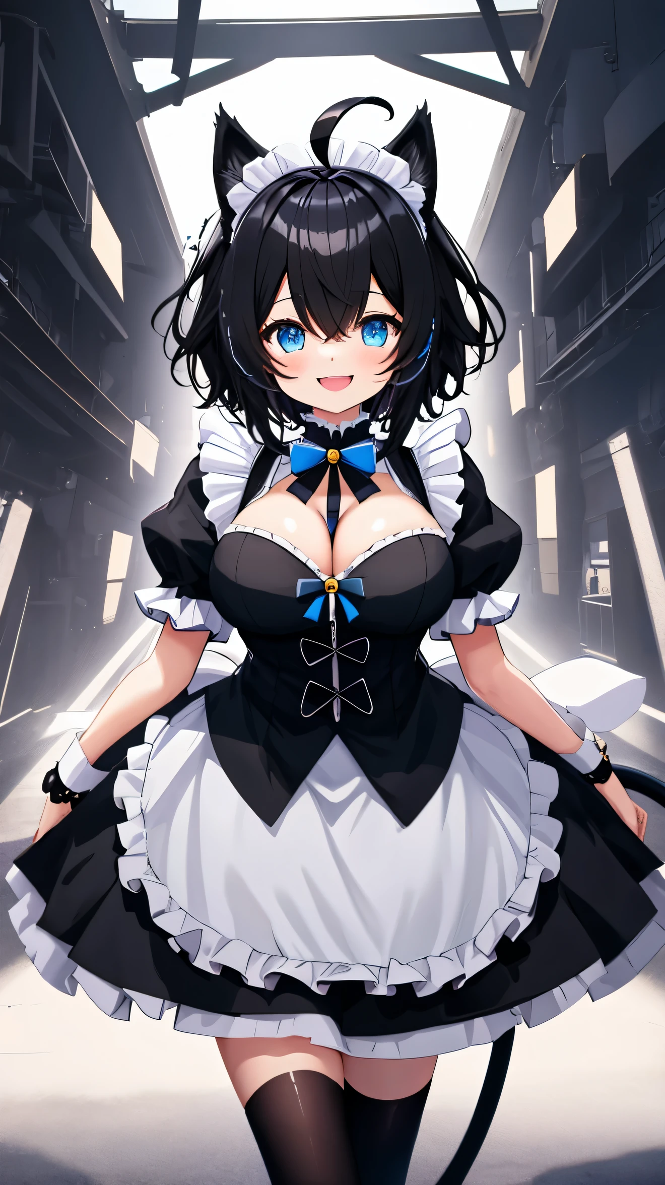 On the wrap,((((upright)))), ((((stand up)))), looking at the viewer, simple background、white background, 1 girl, open your mouth, smile, Virtual YouTuber、with a girl、((highest quality, expensive_solve, clear_image)),(black hair), (black cat ears), (Ahoge), (Ridiculously short hair), (wavy hair), (blue eyes),、laughter、very big breasts、((concept art))、((front))、Dressed in maid clothes。