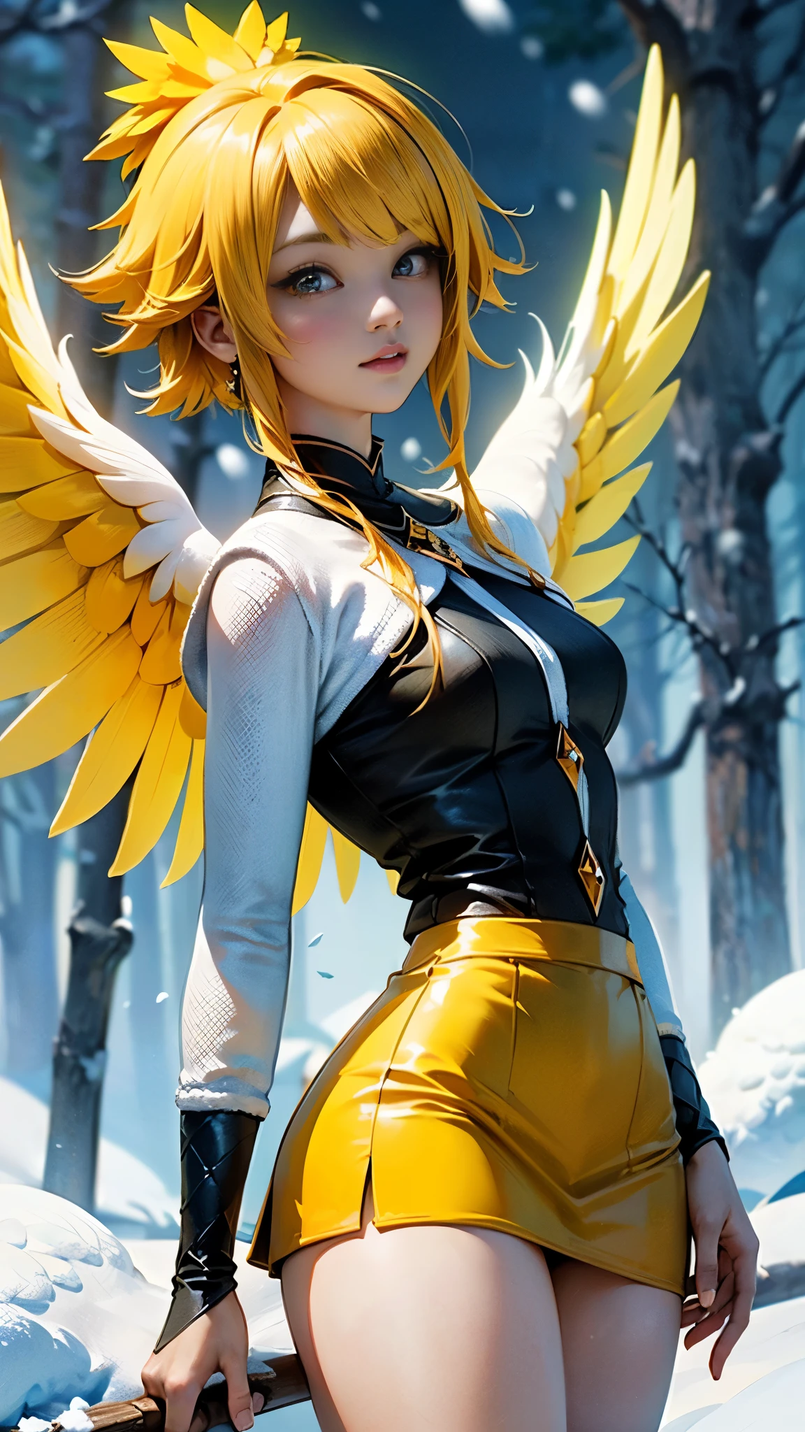 Fondo de pantalla CG Unity 8k altamente detallado, With the highest quality, obra maestra, Realista, fotos realistas, Sharp focus：1.2、Estilo perfecto,Ariana  Grande demon amarillo, (extremely lindo and beautiful demon amarillo haired chica:1.4),(pechos grandes:1.4),(short amarillo hair:1.35,golpes,pelo interior coloreado,ear breathing),(hermosos ojos azules),(piel brillante:1.5,piel bronceada,piel brillante:1.5,latex plumas,(amarillo theme:1.2),(amarillo tone:1.2),tono negro,((Ombligo)), ((snowy amarillo:1.5)),invierno,escenario:1.25,((intrincado escenario)),((snowy forest background frozen white trees:1.4)),white tree, (Perfect anatomy ),(cabello amarillo corto:1.5), (plumas miniskirt amarillo:1.4) ,(seaArt 2.1) ,More detailed 8K.motor irreal:1.4,UHD,La mejor calidad:1.4, fotorrealista:1.4, textura de la piel:1.4, obra maestra:1.8,obra-prima, mejor calidad,objeto Objeto], (detailed face features:1.3),((Las proporciones correctas)),convexo，(Dedos de camello)，(fishnet:1.4), (yellow phoenix wings angel big:1.4), (vestuario plumas amarillas:1.4), 
