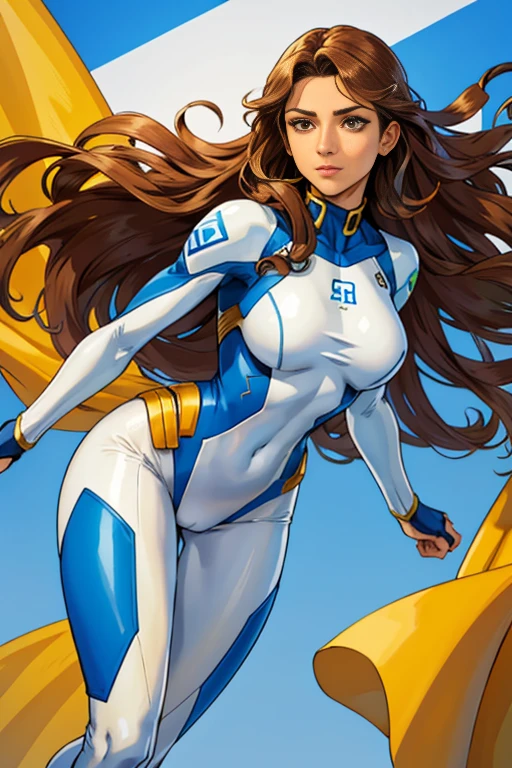 Best quality, 8K, woman retro super hero futurism, beautiful and detailed face, black straight long hair, bangs,big eyelashes,LOOKING TO observer,TRANSPARENT BEIGE LATEX BEIGE leotard, metalic details, LIGHT BROWN TAN pantyhose, sheer TAN gloves,sci-fi RETRO SPACESHIP scenario