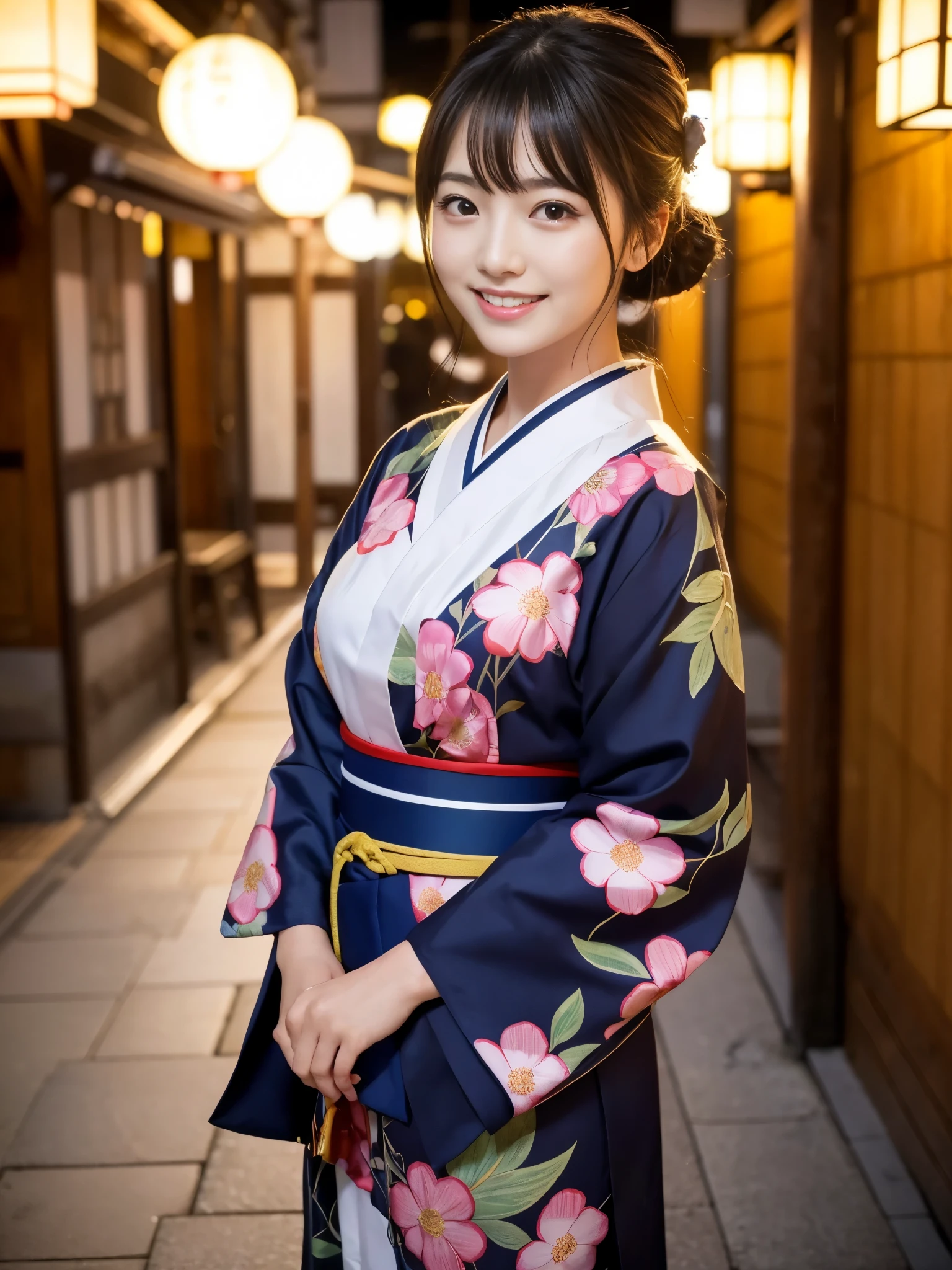 Beautiful woman in neat Japanese clothes、((best qualtiy、8k masterpieces:1.3))、foco nítido:1.2、(ultra beautiful faces:1.0)、(shinny skin:1.0)、photos realistic、A dark-haired、Video Lighting、High-definition eyes and face、Video Lighting、Japan Idol Actress、from the front side、medium breasts、Smile、Slender Abs Beauty、Whole body、In furisode