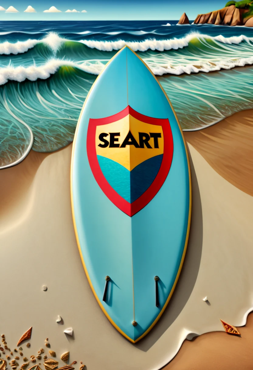 a surfboard with a shield drawn on the bottom where it says, "seaart". (best quality,4k,highres),zentangle art,surfboard,origami,a surfboard with a shield drawn on the bottom where it says, "seaart",detailed patterns,dark color palette,creative lighting,sharp focus,line art,fine details,vibrant colors,abstract representation,beach scene,water waves,summer vibes,relaxing atmosphere,crisp edges,artistic composition,contrast of textures,stylized elements,hand-drawn feel,natural elements,beautiful craftsmanship,impressive intricacy,unique design,inspired by nature,artistic expression,harmonious balance,wave-inspired motifs,abstract and symbolic elements, a surfboard with a shield drawn on the bottom where it says, "seaart"