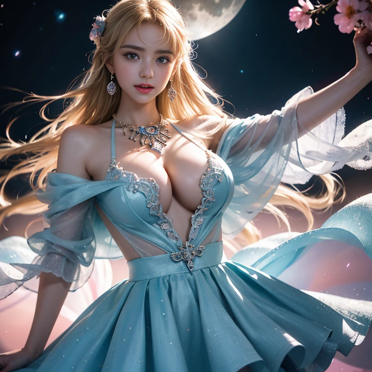masterpiece,Highest image quality,Super details,best quality ,extremely delicate and beautiful, Very detailed,best quality, official art, Extremely detailed CG unified 8k wallpaper, Ana de Armas portrait photo, Blonde hair with black pupils,shiny skin, (beautiful eyes:1.1), beautiful skin, big watery eyes,(detailed lighting:1.2), (Beautiful and detailed light:1.3), Ice Blue Water Foam Galaxy Starburst Fairy Color Mint Skirt,beautiful breast balls, The most perfect breast ball shape,firm breast balls,Deep cleavage,Naked of breast,complex, digital drawing, Smooth, sharp focus, end of the world, epic reality, (high dynamic range:1.4), (pastel colors:1.4), Revelation,Bright colors, night, screen space refraction, (intricate details, Super detailed:1.3), art station, lens, vignette, complex background, buliding,Beautiful smile,The most beautiful look,Detailed moon background,Dreamcatcher earrings,The best look,Beautiful intricate necklace,