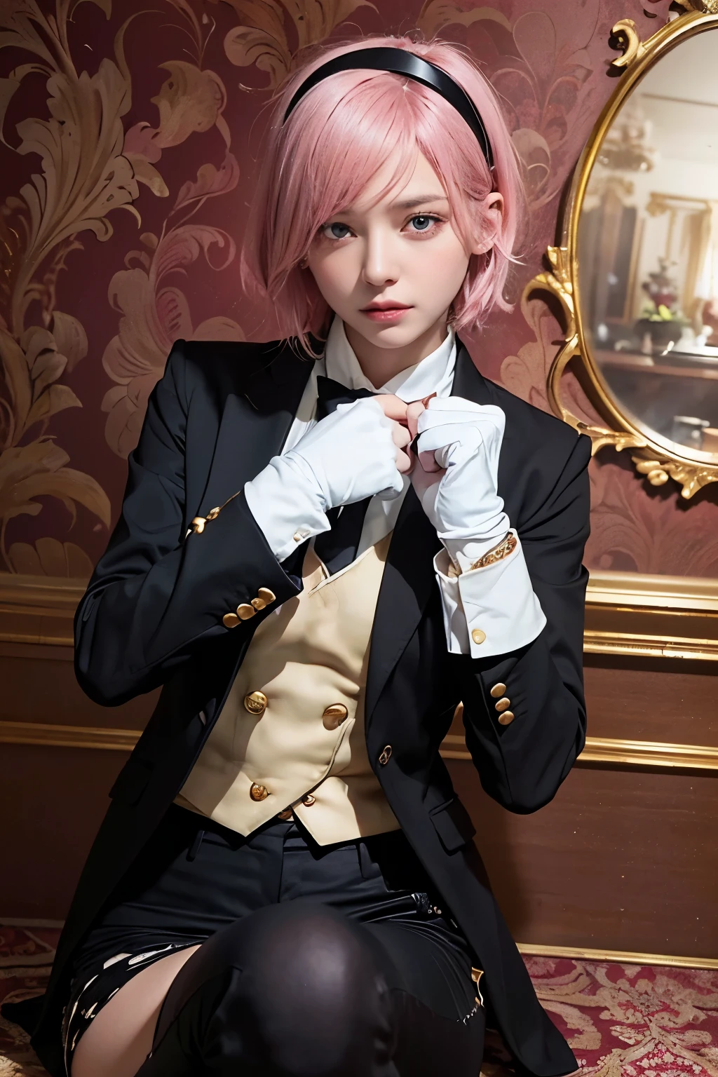 (8K, top-quality, masterpiece:1,2), (reallistic, Photorealsitic:1.37), Super Detail, One girl,), (Highly detailed), (beautifully detailed eyes), (of the highest quality), (super detailed ), (masterpiece), (Detailed face),20yr old, ,1 girl, ((pink hair,Very short hair)), medium breasts, clothed, Perfect Lighting, (black tailored jacket:1.3), (white shirt:1.2), (black vest:1.2), (black skinny pants:1.3), (smart and cool impression:1.4), (white tie:1.2), (white cuffs:1.2), (gold buttons:1.2), (black stockings:1.2), (black loafers:1.2), (white gloves:1.2), (black headband:1.2), BREAK ears visible, (cool and smart impression:1.4), eyes sharp, mouth thin smile,, pointing chest gold button, (left hand behind:1.2), holding white tie, (luxurious mansion room:1.3), (dark red wallpaper:1.2), (gold decoration:1.2), garden view from window, (natural light:1.2), light hitting face and clothes, (strong contrast:1.2)
