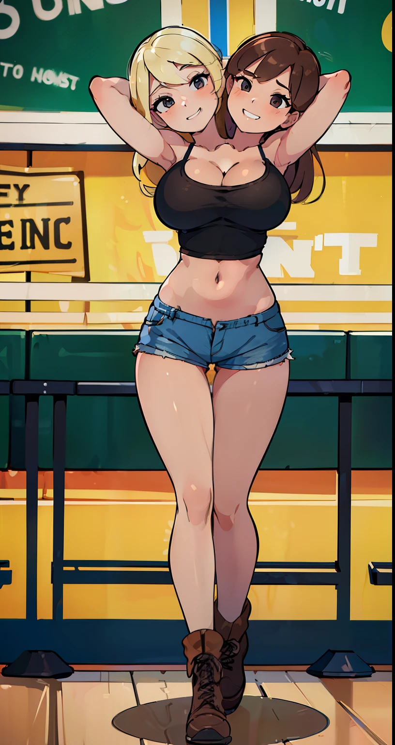 bbest quality, (masterpiece),(ultra-detailed), (high quality), (high resolution), (2heads:1.5) Gal, (blonde short hair(, (brown long hair), large breasts, thighs, shorts, cleavage, blue mini shorts, (close shot),best quality:1.5, highres, UHD, 4K), smiling, ((black tank top)), ((slim proportions)), black eyes, brown boots, ((full body)), strong girl, exposed midriff, county fair background