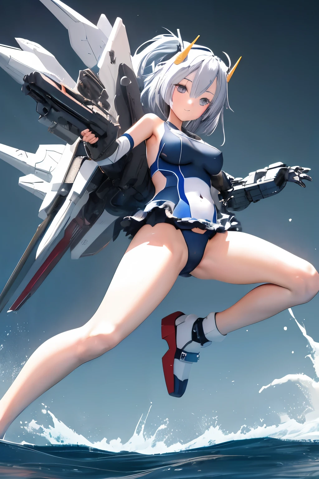 (highest quality)), ((masterpiece)), (very detailed: 1.3), 3D, (wear dark blue Old School Swimsuit under armor:1.3), 1 girl, (She is fused with futuristic Gundam mecha:1.3), with headgear, add v-fin to the forehead, armored shoulders,armored under arms, armored under legs, 2 marine thrusters attached on back, marine thrusters are symmetrical, under the calm waters of Iceland:1.2, under water, multilayer textureperfect proportions, octane rendering, duotone lighting, Low ISO, wide aperture, White balance, Rule of thirds, ultra HD16k, HDR (High Dynamic Range), Ray Tracing, NVIDIA RTX, Super Resolution, Subsurface Scattering, PBR Texturing, Post Processing, Anisotropic Filtering, Depth of Field, Maximum Clarity and Clarity, High efficiency subpixel, subpixel convolution, particles of light, light scattered, Tyndall effect, full body:1.5, battle pose, cute, (cute:1.2), (セミロング:1.3),三つ編み, 黒髪, 太い眉毛, 薄い色の虹彩, 大きくて輝いている黒い瞳, 長いまつげ, 小さく薄い色の自然な唇, (Average face of Japanese idols), (日本人特有の童顔:1.3), (baby face), 広いおでこ:1.2, ふっくらした頬, 小さな顎, looking at viewer,Focus on the eyes, (完璧な4本の指, 親指1本),