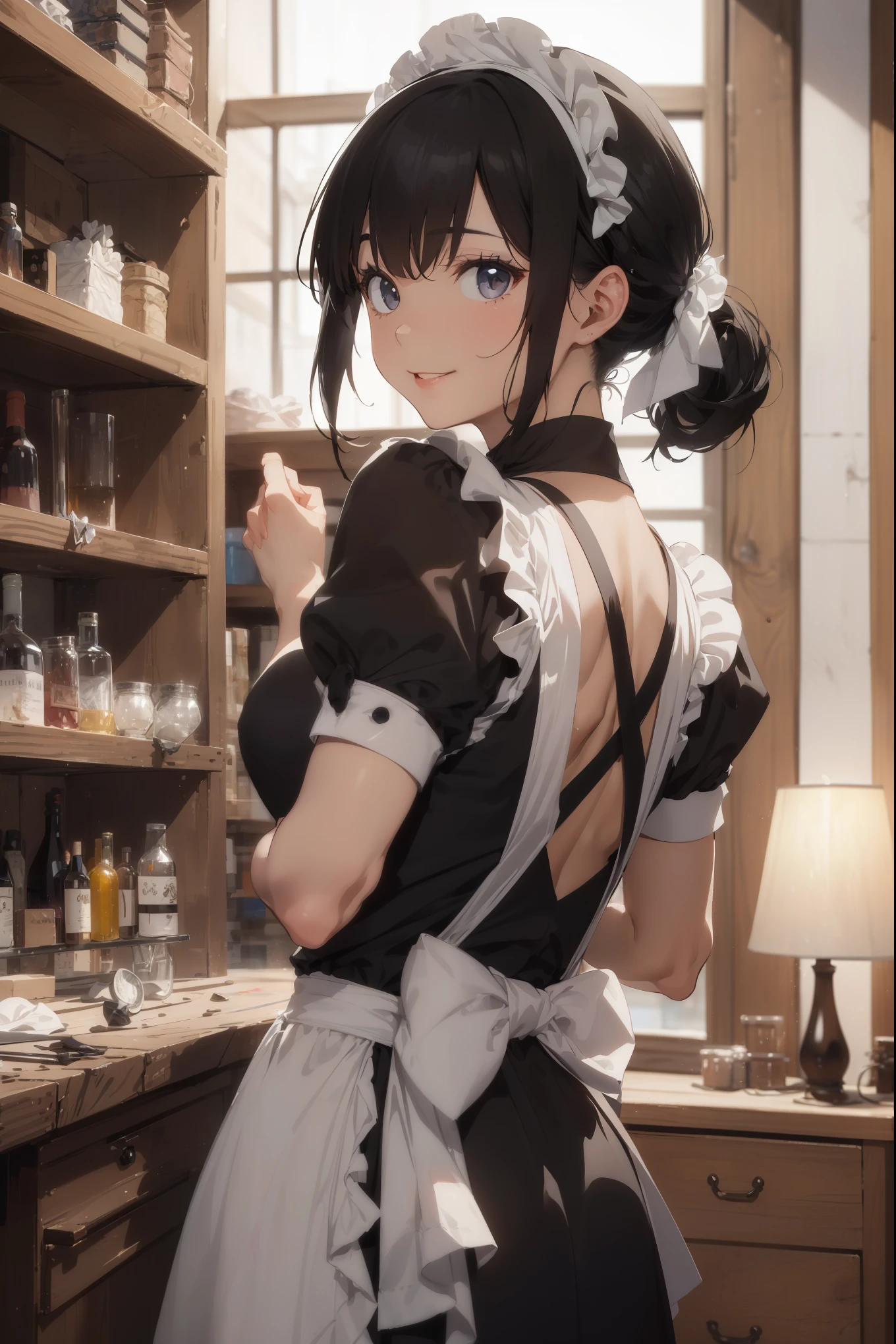 (Superlative work of the creator god: 1.4), (Absolute resolution: 1.4), (God of art's masterpiece: 1.4), Surrealist work, (Complex, detailed and realistic materials, textures, light sources: 1.3), (Perfect Anatomy: 1.2), Create an image of a character in a classic maid attire, within an antique-looking room with warm ambient lighting. The character should be a young woman with a fair complexion and shoulder-length wavy black hair . She is wearing a large white bonnet decorated with a blue ribbon and white flowers. Her maid outfit consists of a black dress with white frills and a white apron featuring black and gray accents. The apron has a large bow tied in the back. has a charming smile and is looking back over her shoulder with playful dark eyes that have pink highlights. In the background, there is a wooden counter, a vintage golden table lamp, and shelves stocked with various bottles, contributing to an elegant and nostalgic atmosphere The setting is reminiscent of a cozy, dimly-lit tavern or vintage cafe. The aspect ratio for the image should be portrait. Pose that captivates men: 1.3), Smile, enchanting genius, ultra-detailed skin, (Best lighting by famous artists: 1.2), 8K, ((Acting instruction of attractive poses by famous masters: 1.6)),