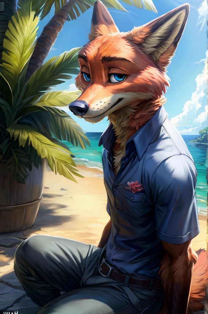 uploaded on e621, ((by Wildering, by Foxovh, by Disney)), Zootopia, solo (((nick wilde))) with ((neck tuft)) and (fluffy tail) and ((clear navy blue eyes)), ((half-length portrait)), ((wear blue hawaii floral shirt with grey pants)), BREAK, (detailed red fox nick wilde), (detailed lighting), ((detailed fluffy fur)), BREAK, ((sitting at island with plant and water on sunny day)), (cinematic lighting), ((detailed background)), ((depth of field)), (half body shadow), (((looking at viewer))), (high-angle view), ((three-quarter view)), [backlighting], [detailed ambient light], [gray natural lighting], [ambient light on the belly], [realistic proportions], [, adult, nsfw], [sharp focus], (), (shaded), (hi res), ((masterpiece))