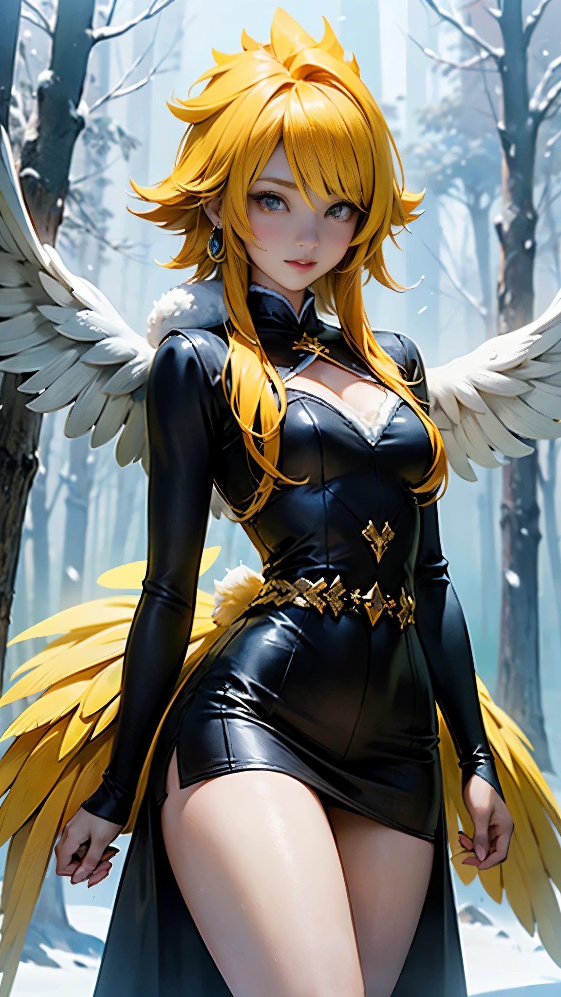 Fondo de pantalla CG Unity 8k altamente detallado, With the highest quality, obra maestra, Realista, fotos realistas, Sharp focus：1.2、Estilo perfecto,Ariana  Grande demon amarillo, (extremely lindo and beautiful demon amarillo haired chica:1.4),(pechos grandes:1.4),(short amarillo hair:1.35,golpes,pelo interior coloreado,ear breathing),(hermosos ojos azules),(piel brillante:1.5,piel bronceada,piel brillante:1.5,latex plumas,(amarillo theme:1.2),(amarillo tone:1.2),tono ?????,((Ombligo)), ((snowy amarillo:1.5)),invierno,escenario:1.25,((intrincado escenario)),((snowy forest background frozen white trees:1.4)),white tree, (Perfect ??????? ),(cabello amarillo corto:1.5), (plumas miniskirt amarillo:1.4) ,(seaArt 2.1) ,More detailed 8K.motor irreal:1.4,UHD,La mejor calidad:1.4, fotorrealista:1.4, textura de la piel:1.4, obra maestra:1.8,obra-prima, mejor calidad,objeto Objeto], (detailed face features:1.3),((Las proporciones correctas)),convexo，(Dedos de camello)，(fishnet:1.4), (yellow phoenix wings angel big:1.4), (vestuario plumas amarillas:1.4), plumas amarillas en el cuerpo, 