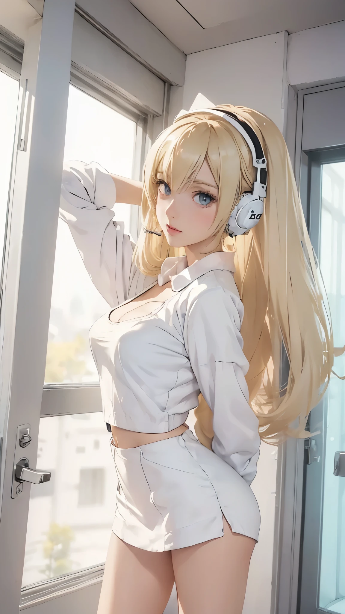 (((White Headphone))), (((Blonde))), (((Tall))), (((Slender))), (((Doctor))), cleavage, (((Beautiful face))), (((anime))), (((Pastel))), (((Beautiful Legs)))