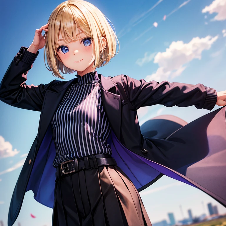 elementary school girl((flat )), blonde hair (( straight short hair )), Wearing a blue colored sweater(( black vertical stripes)), purple chesterfield coat(( outer clothes)), and black long pants, bright smile (( the corners of her mouth rise)), round crystal blue eyes, a gentle wind blowing at a field , pose of looking back, stretch her arms forward