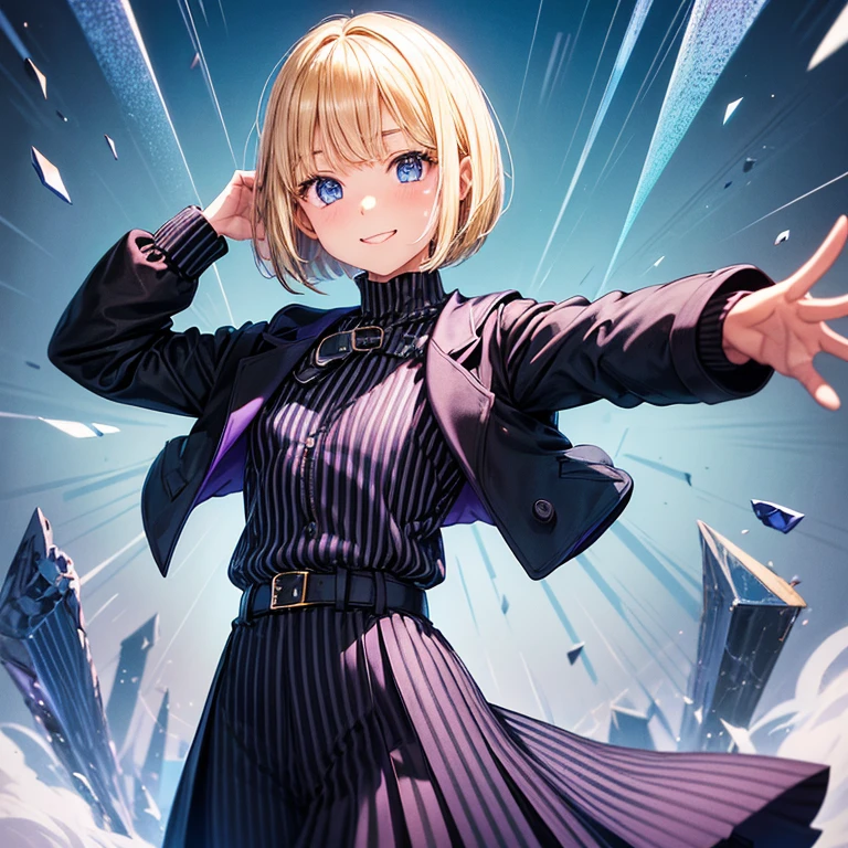 elementary school girl((flat )), blonde hair (( straight short hair )), Wearing a blue colored sweater(( black vertical stripes)), purple chesterfield coat(( outer clothes)), and black long pants, bright smile (( the corners of her mouth rise)), round crystal blue eyes, a gentle wind blowing at a field , pose of looking back, stretch her arms forward 