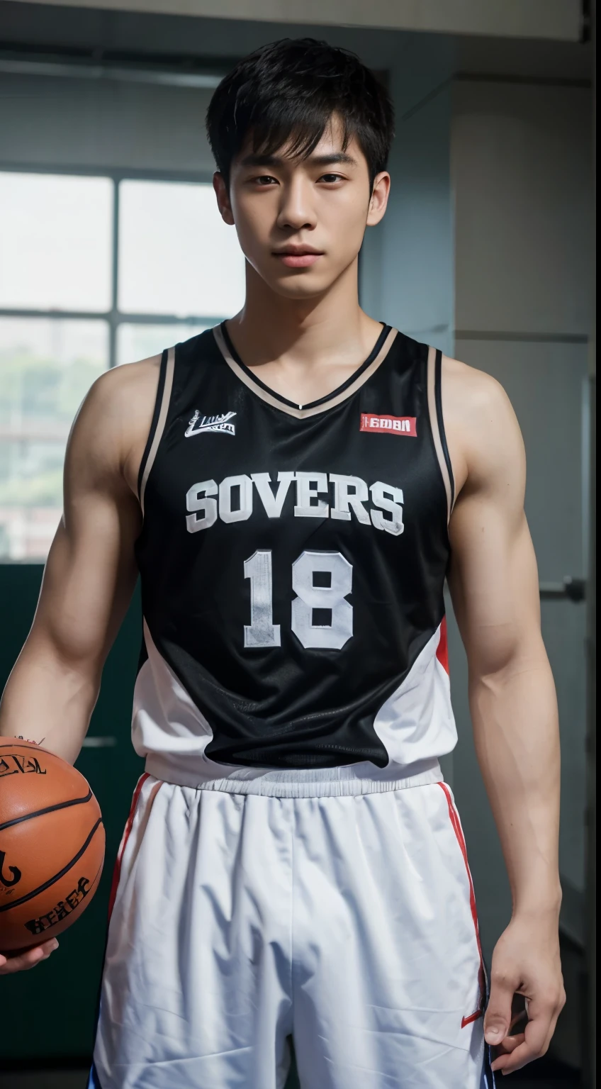 Realistic masterpiece, young Chinese man, Chinese male actor, Deng Lun อายุ 18 ปี, handsome, Good shape, big muscles, black hair,, Bright black eyes, Narrow eyes, Prominent nose, Thin mouth, Height 180 cm, Good shape, Wear a basketball uniform, Standing at the basketball stadium large bulge in the middle Sharp and detailed face. Pictures taken with the Canon 50k camera are clear.. Pinkish-white skin. ใบหน้าhandsome.Clear Face. Deng Lun