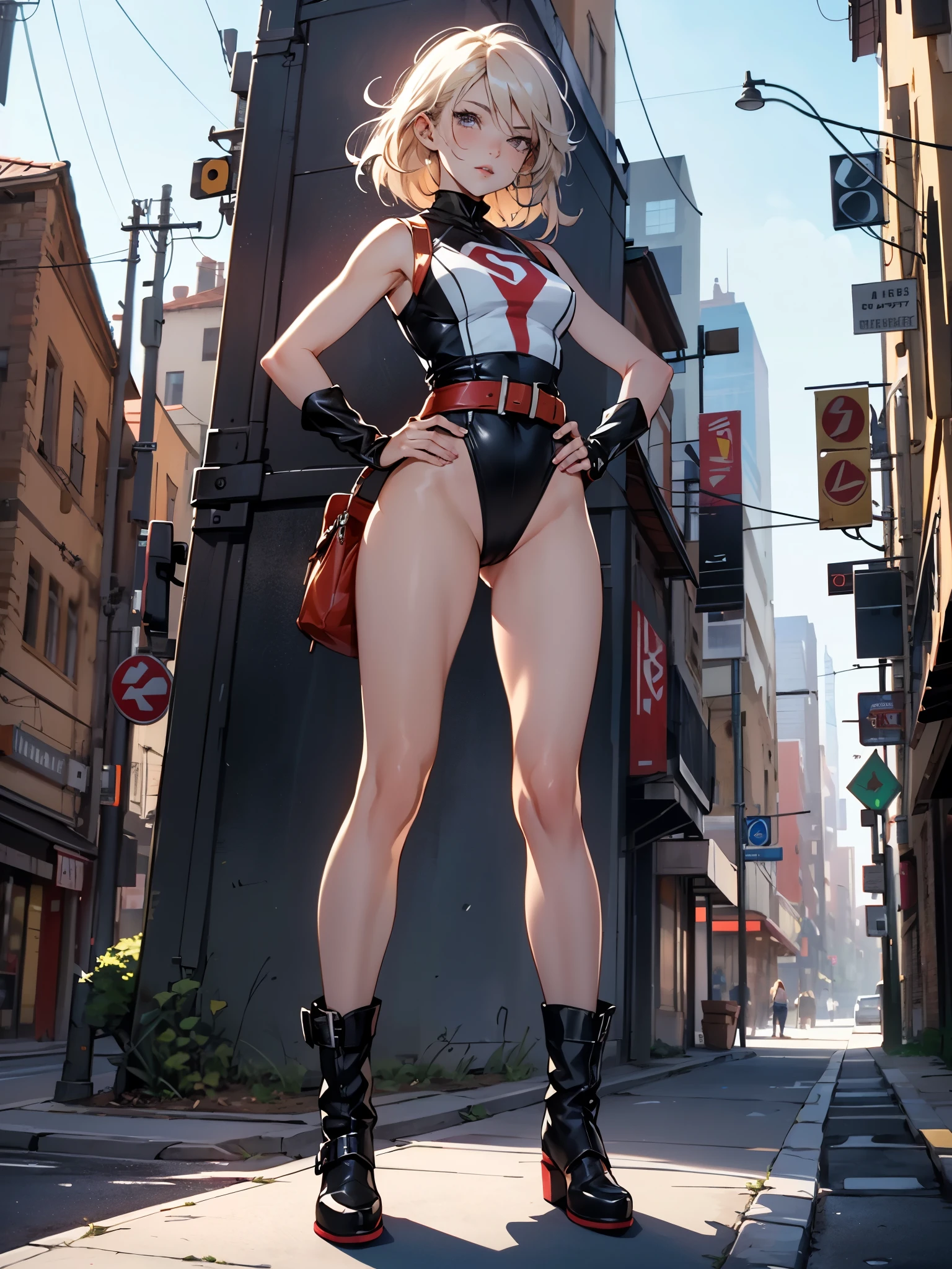 1girl, superhero, leotard, highleg leotard, bare legs, boots, standing, solo focus, tight belt, hands on hip, full body shot, mature lady, city backdrop, sleeveless, ultra highres, absurdres, beautiful face, detailed eyes, symmetric eyes, {{only five fingers}}